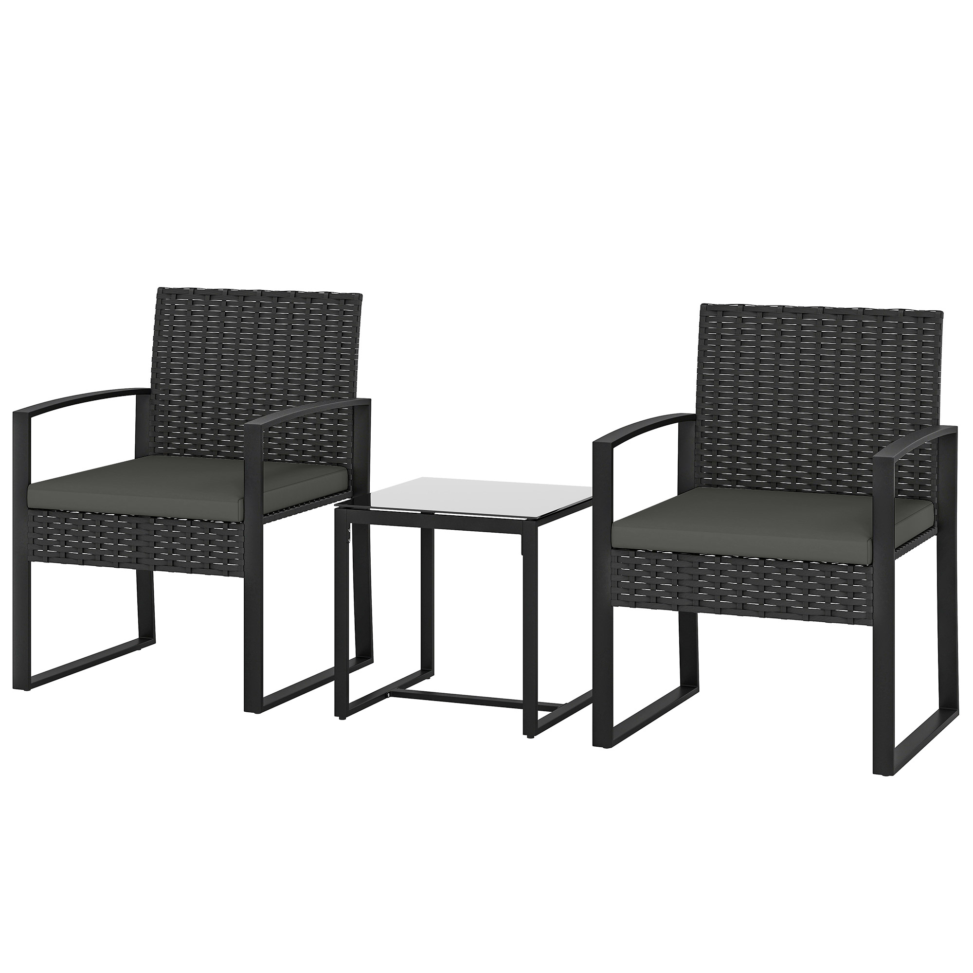 Outsunny Salon de jardin extérieur en résine tressée 2 personnes, table de jardin avec 2 chaises, plateau en verre trempé, noir