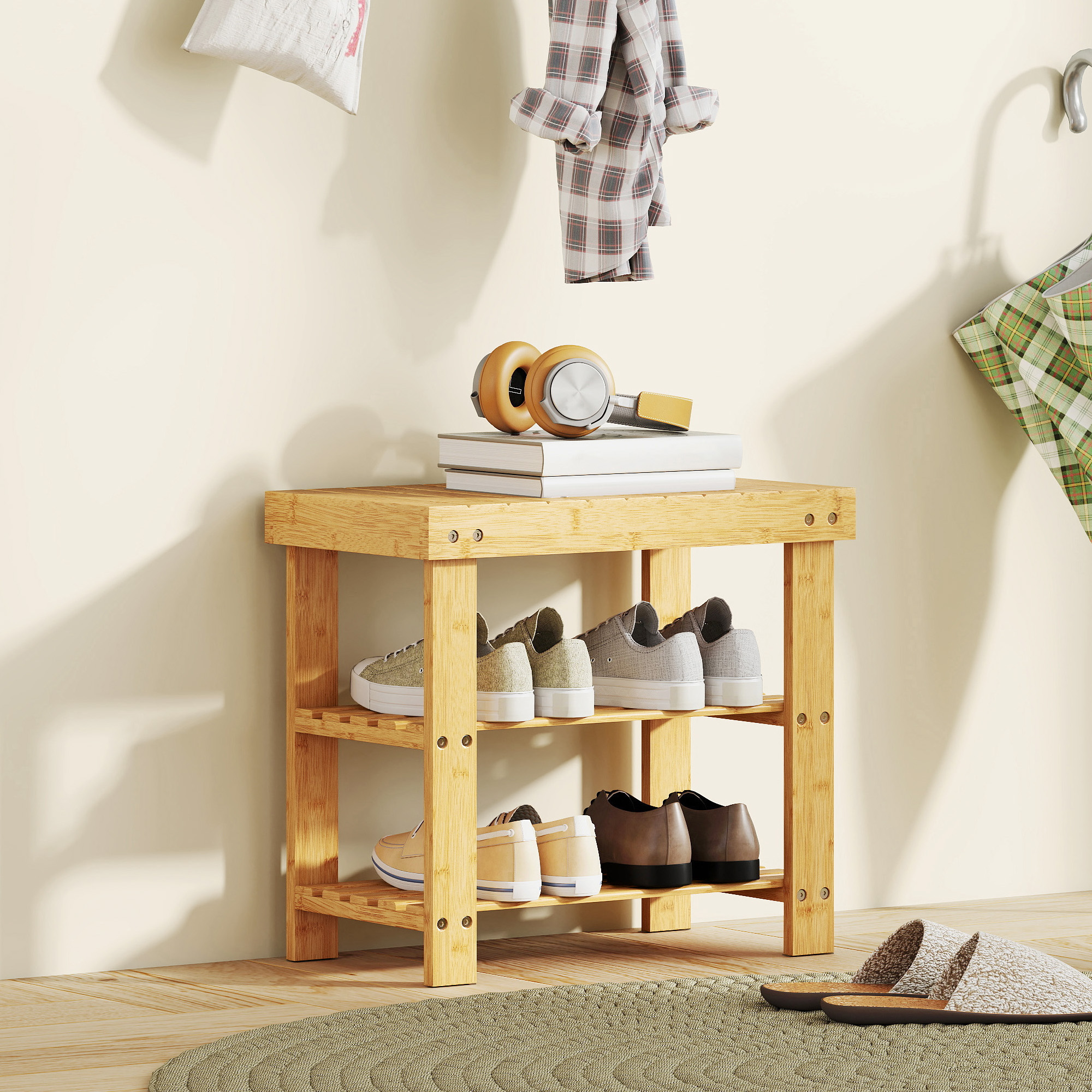 HOMCOM Schuhbank aus Bambus, Schuhregal mit 2 Ablagen und Sitzfläche, bis 1 günstig online kaufen