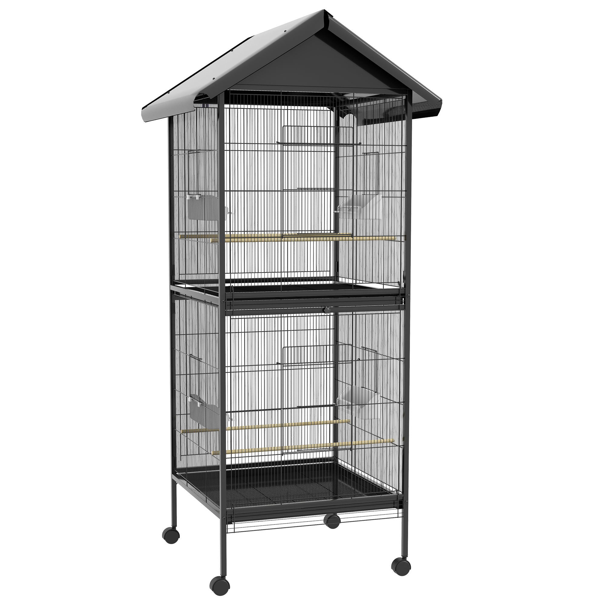 PawHut Voliera per Uccelli a Rotelle con Vassoi Estraibili in Plastica e Posatoi, in Metallo, 71.8x71.8x170.2 cm, Nero   Aosom Italy