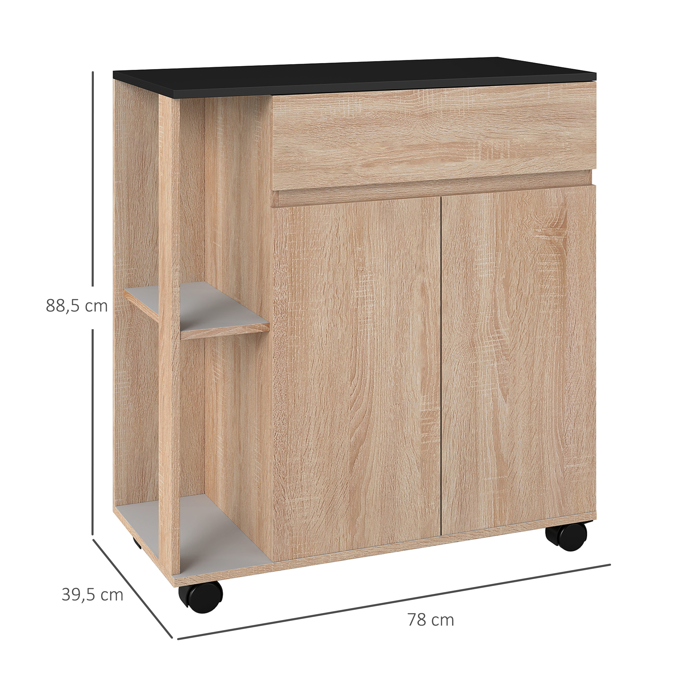 KOMHTOM Desserte De Cuisine à Roulettes Multifonctionnelle 120×40×89cm - Planche à Découper Pliable, 2 Tiroirs, 6 Étagères, 2 Portes - Buffet Rangement Moderne Noir MDF