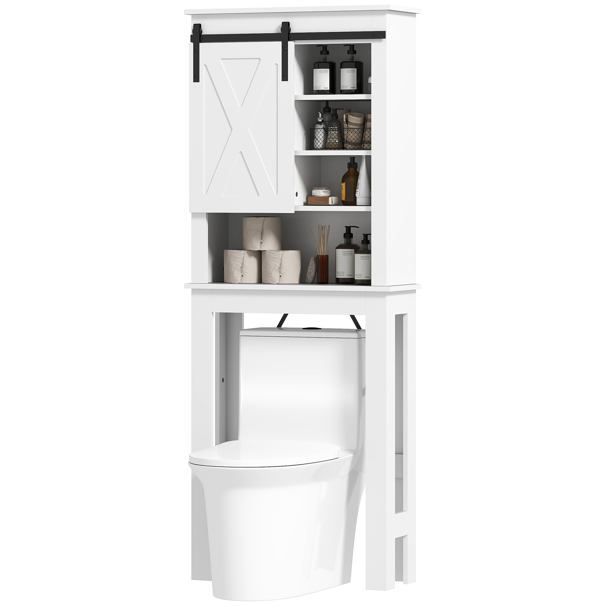 HOMCOM Meuble WC dessus de toilette avec porte coulissante, avec 6 compartiments de rangement, blanc
