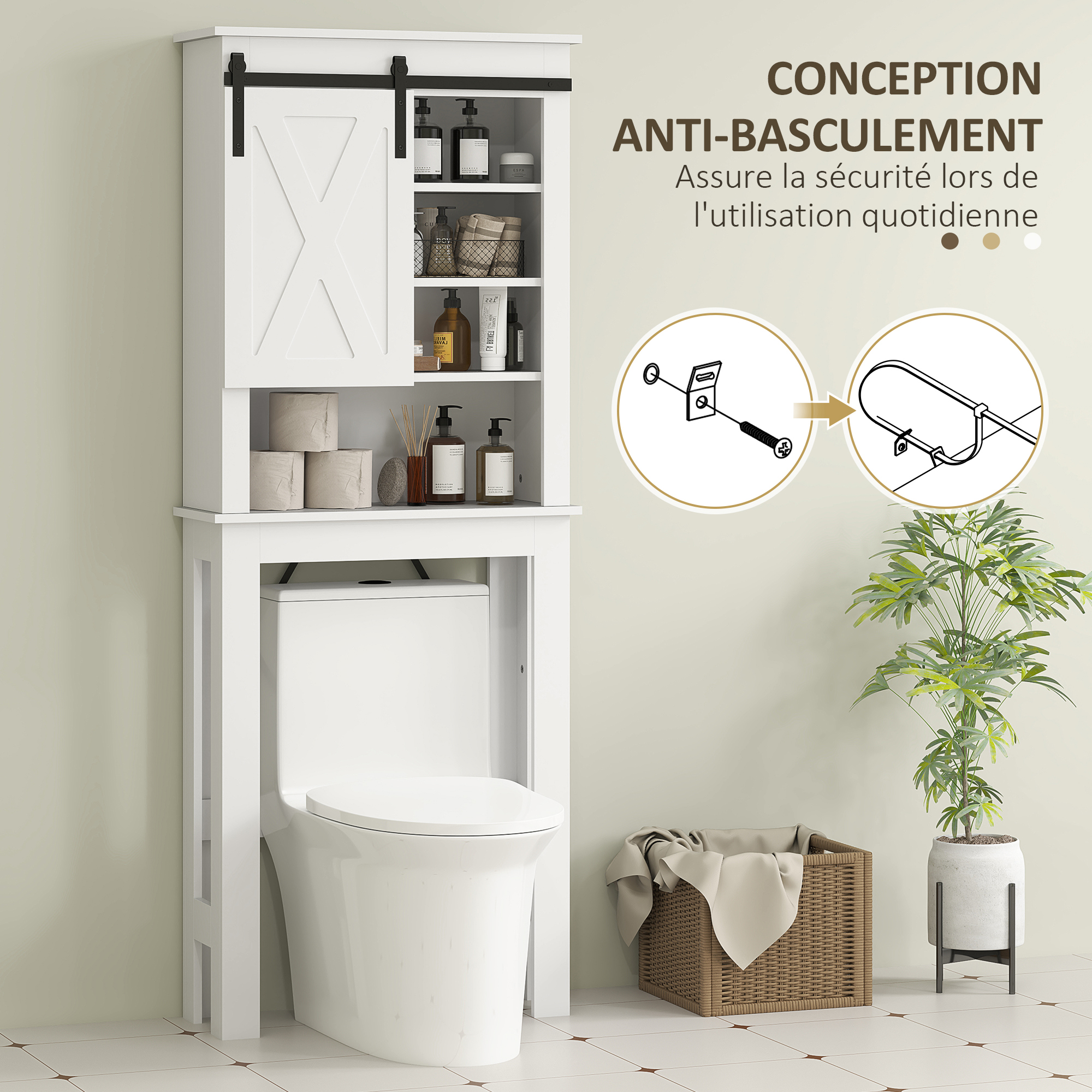 HOMCOM Meuble WC Dessus De Toilette Blanc - Armoire Rangement Salle De Bain Avec Placard Double Porte à Persiennes, Étagères Ouvertes, 67x31,5x190cm