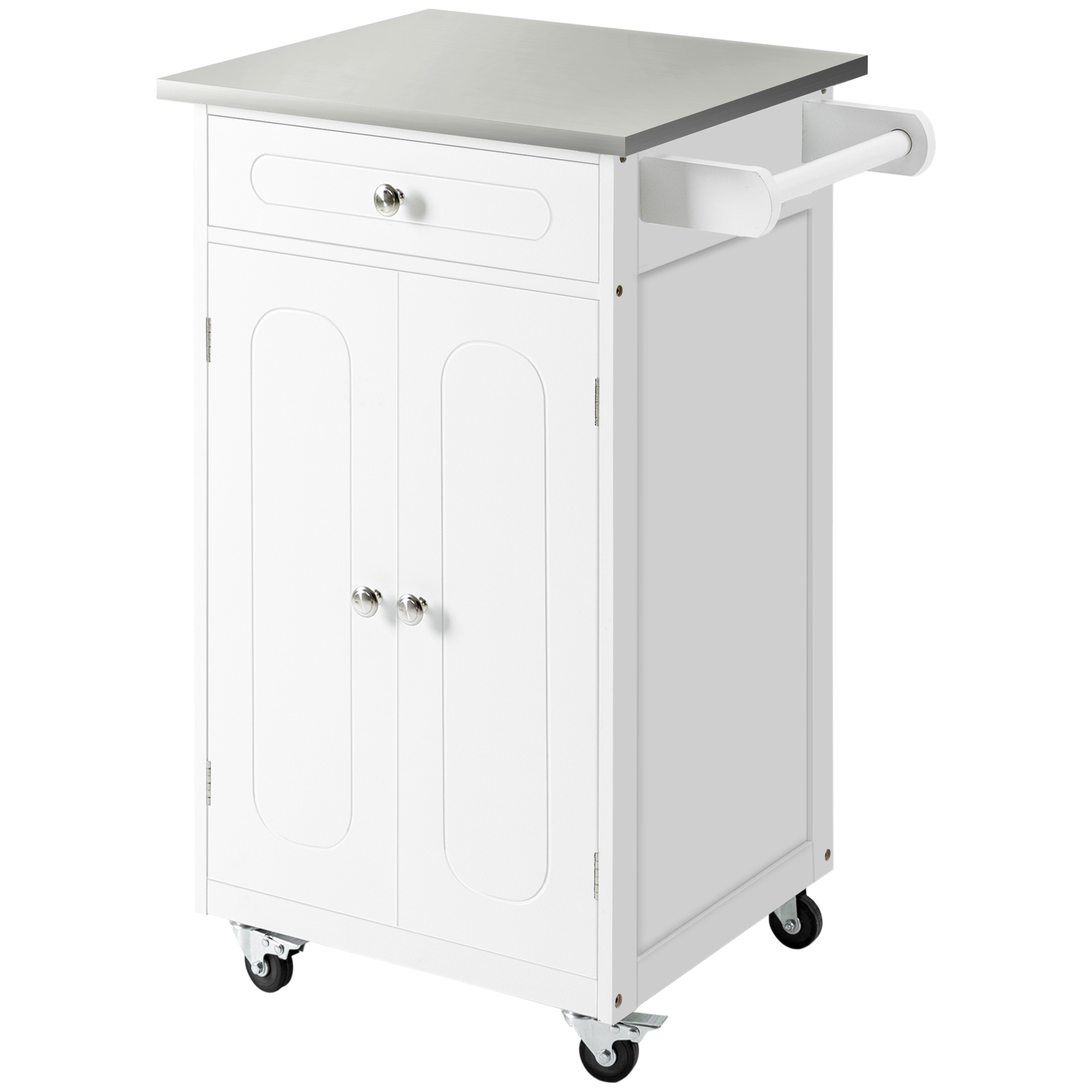 HOMCOM Chariot de service desserte de cuisine à roulettes multi-rangements 1 tiroir placard 2 portes avec étagère porte-torchons MDF blanc acier inoxydable HOMCOM Chariot de service desserte de cuisine à roulettes multi-rangements 1 tiroir placard 2 portes avec étagère porte-torchons MDF blanc acier inoxydable
