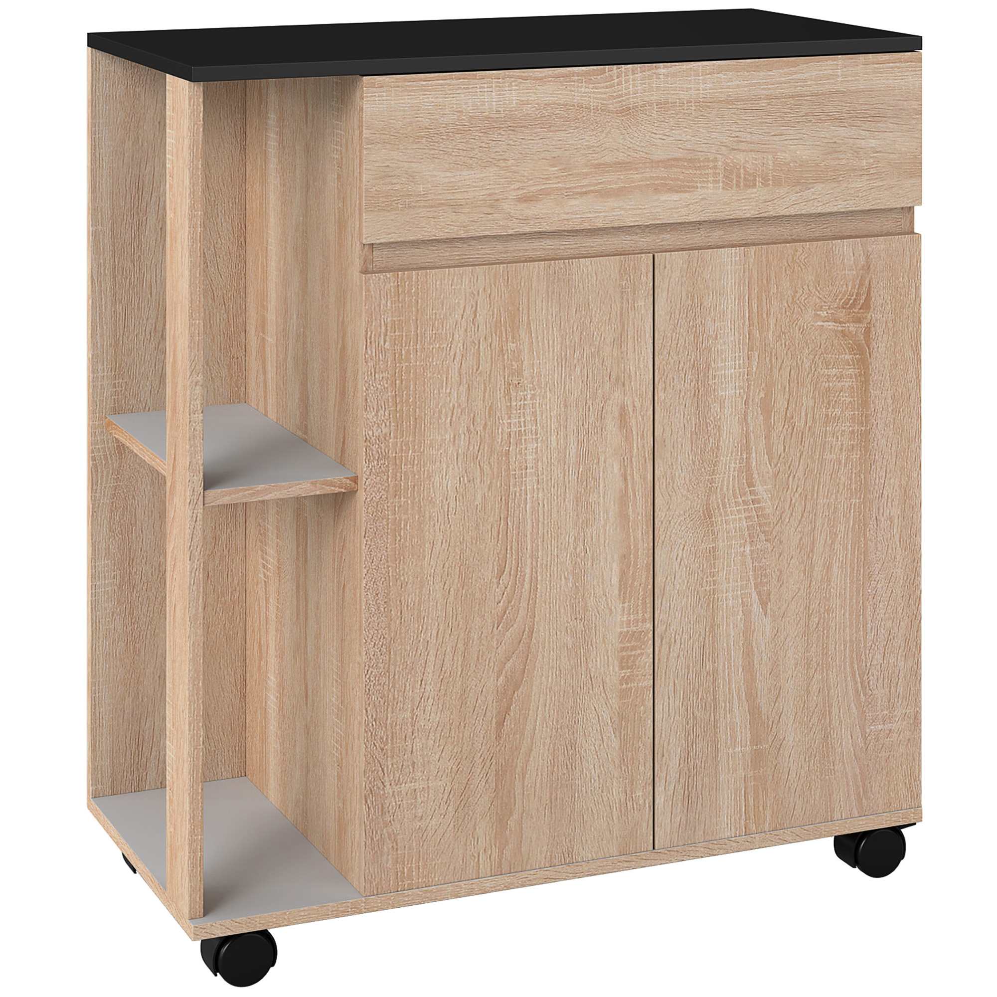 HOMCOM Chariot de service desserte de cuisine à roulettes multi-rangements placard double portes + 2 étagères + tiroir panneaux particules chêne noir HOMCOM Chariot de service desserte de cuisine à roulettes multi-rangements placard double portes + 2 étagères + tiroir panneaux particules chêne noir
