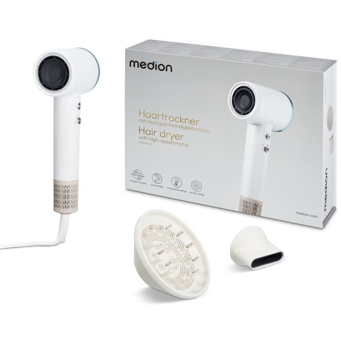Seche-cheveux - MEDION - MD19983 - 1600 W - 2 vitesses - 85°C - Design LED - Blanc