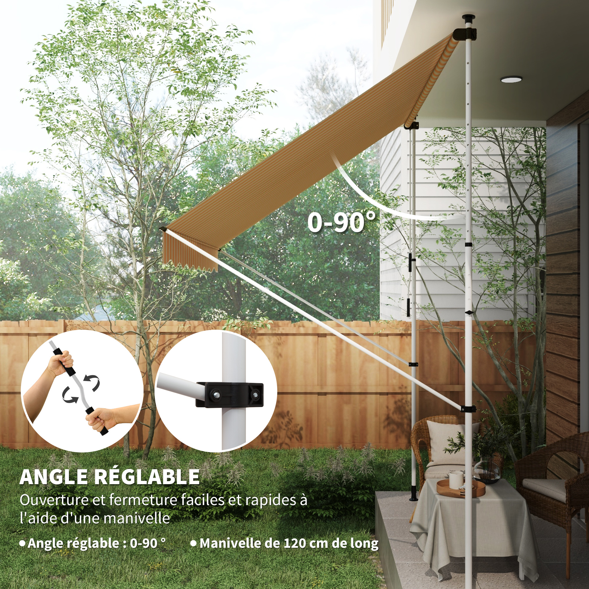 Outsunny Store banne autoportant Manuel auvent rétractable 3,5L x 1,2l x 2,1-3H m Inclinaison réglable pour Balcon sans Trous à percer métal alu Polyester Sable