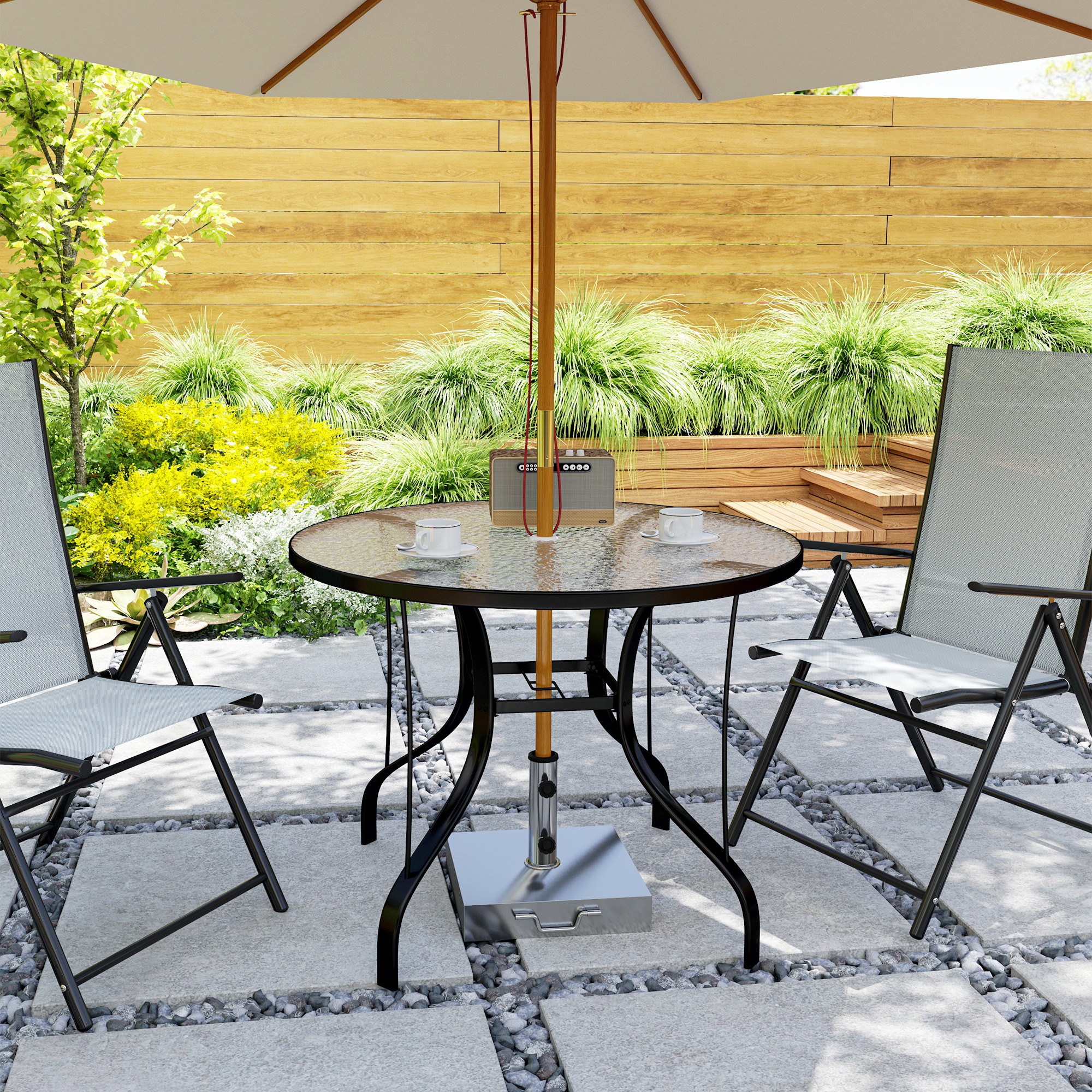 Outsunny Tavolo da Giardino Rotondo per 4 Persone Max con Foro per Ombrellone, Tavolo da Esterno