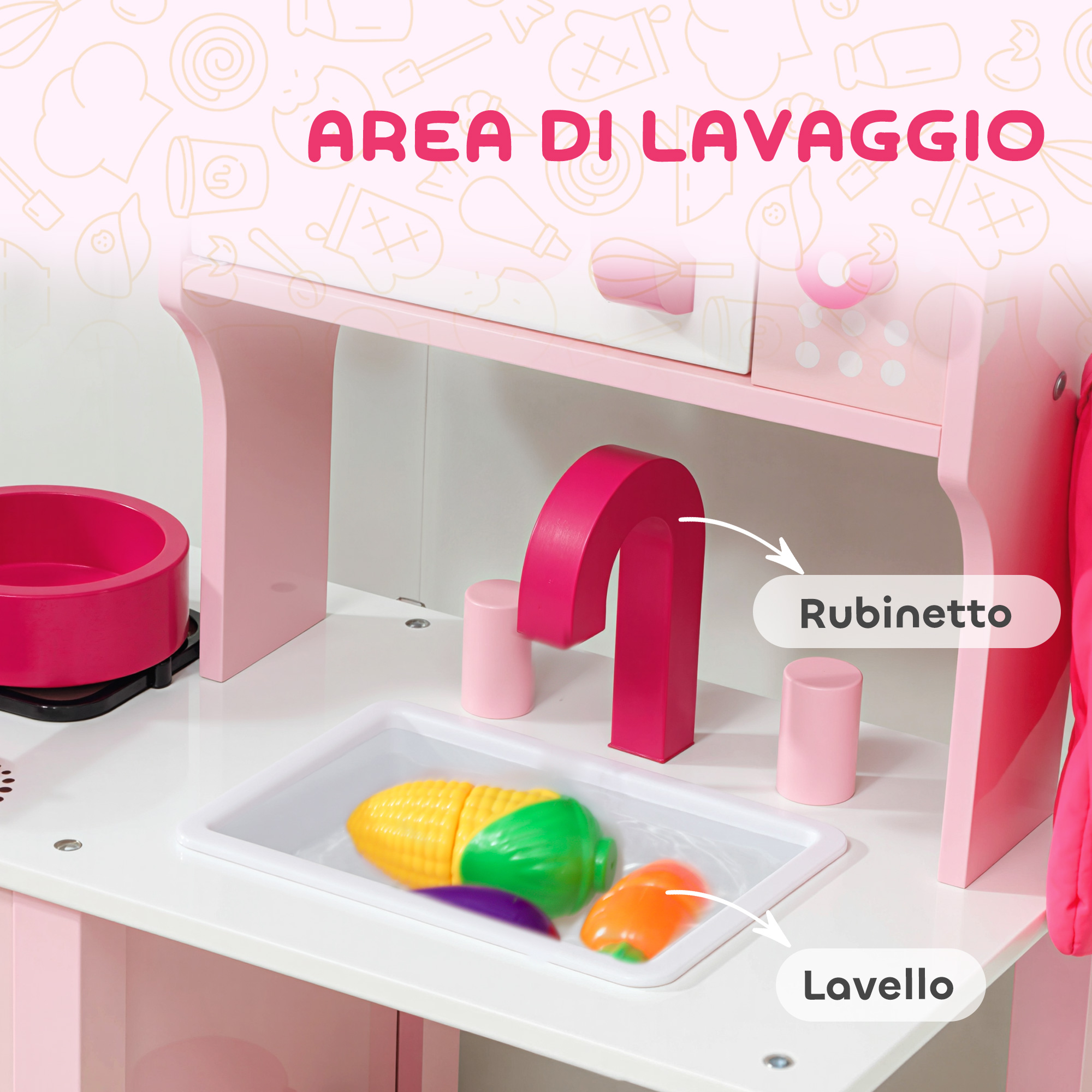 AIYAPLAY Cucina Giocattolo per Bambini da 33 Pezzi con Luci, Suoni e Rubinetto, Gioco per Bambini in PP e ABS, 53x22x69 cm, Rosa