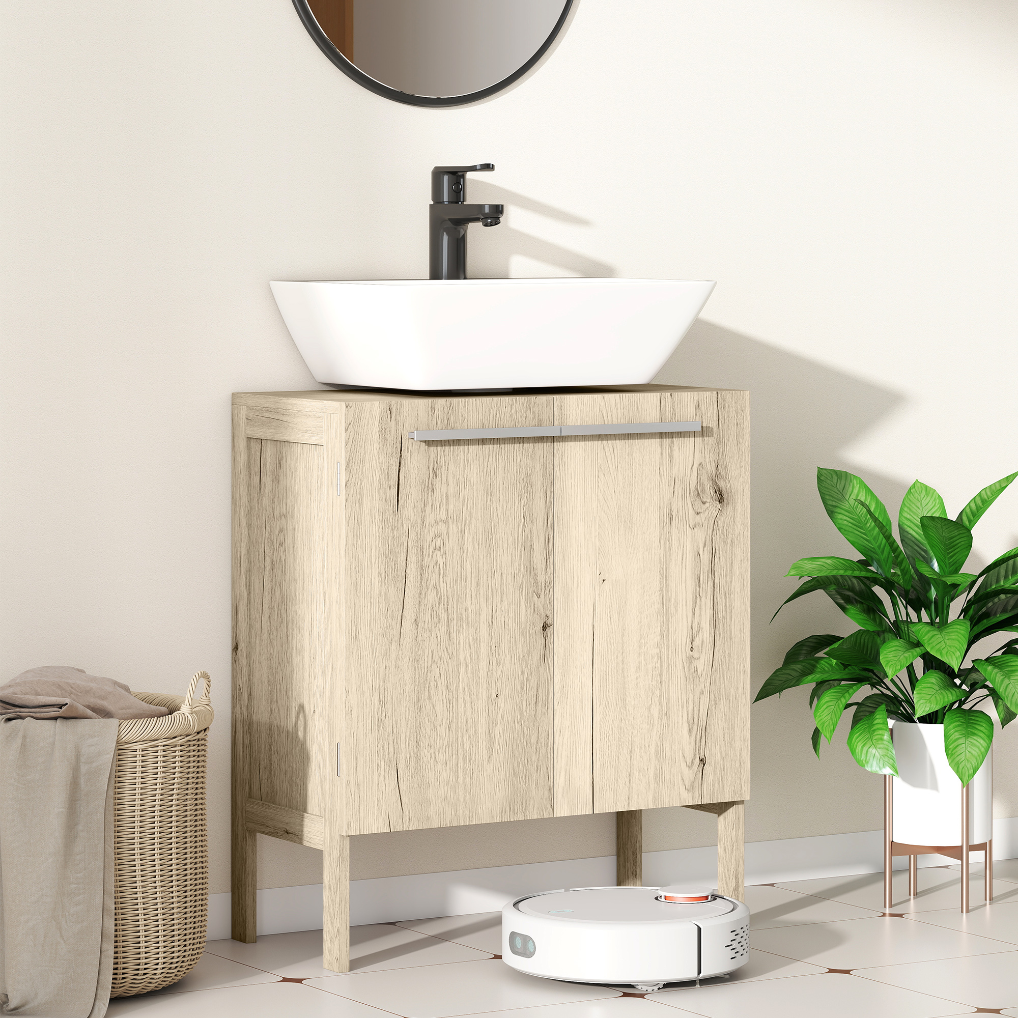 Meuble Salle De Bain HOMCOM Suspendu 2 Portes - Sous Lavabo Naturel Avec Découpe U