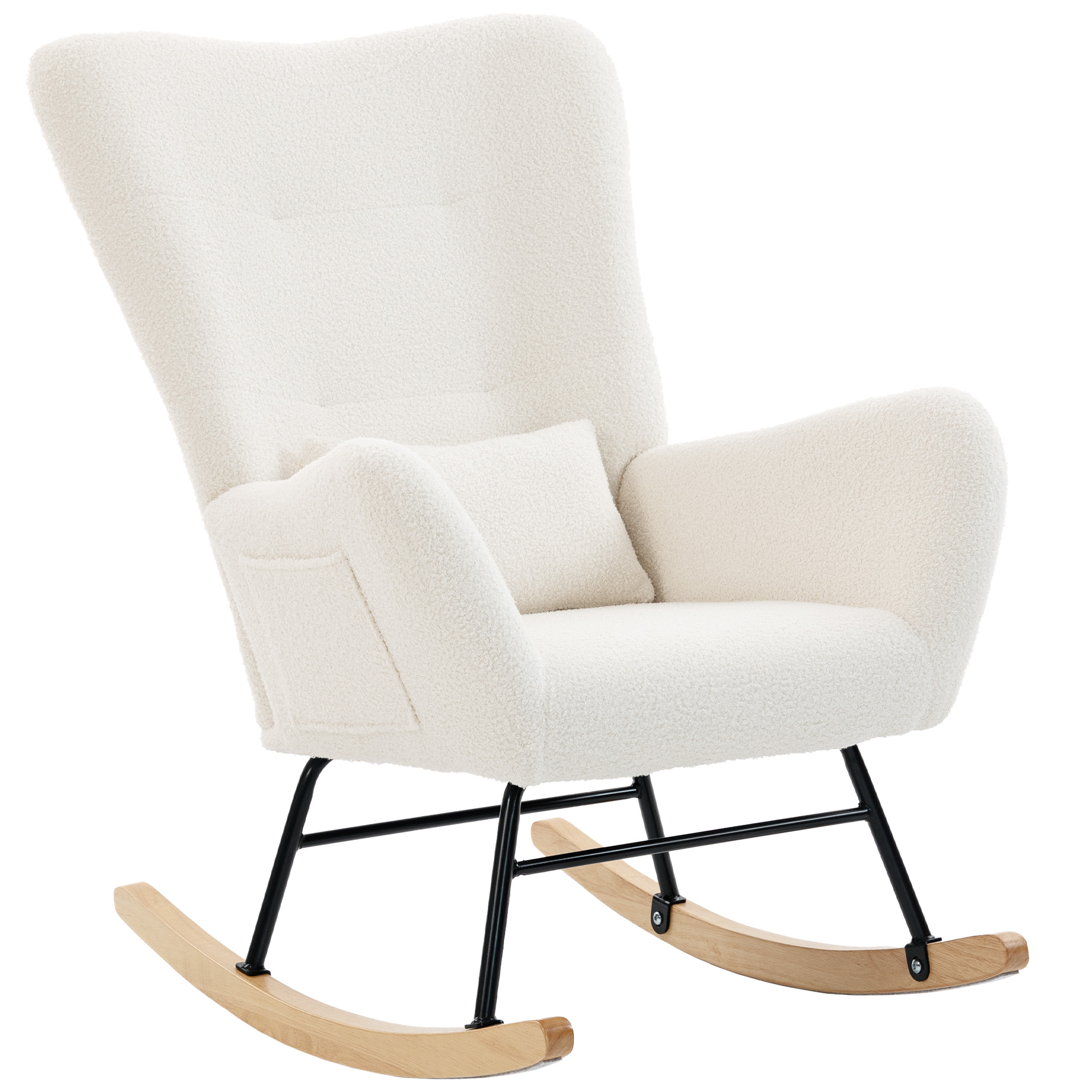 HOMCOM Mecedora de Terciopelo de Teddy con Respaldo Acolchado Almohada y Base de Madera de Caucho Carga 120 kg Crema