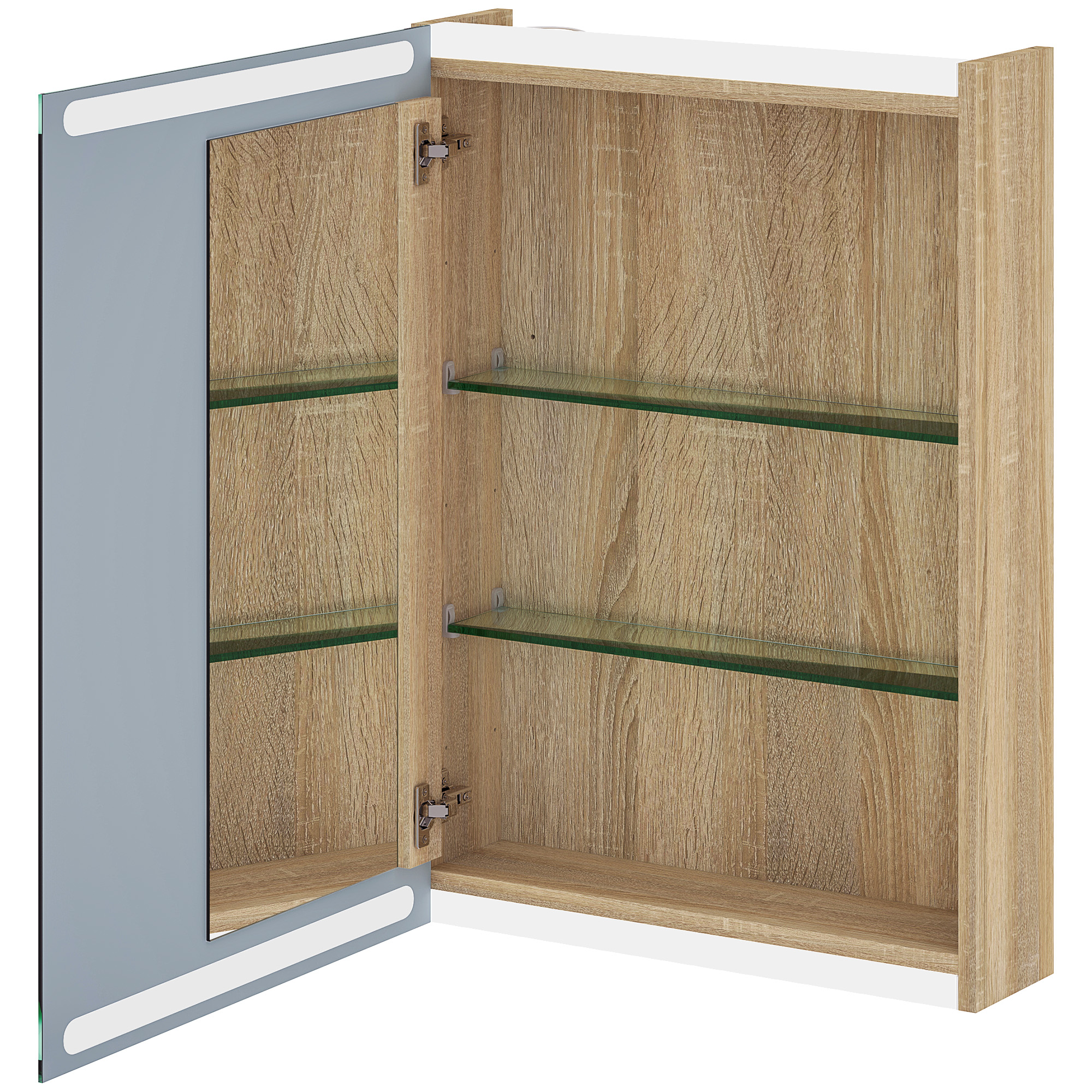 HOMCOM Armoire murale meuble salle de bain avec miroir, éclairage LED et étagères en verre réglables 50x12,5x70cm, bois naturel