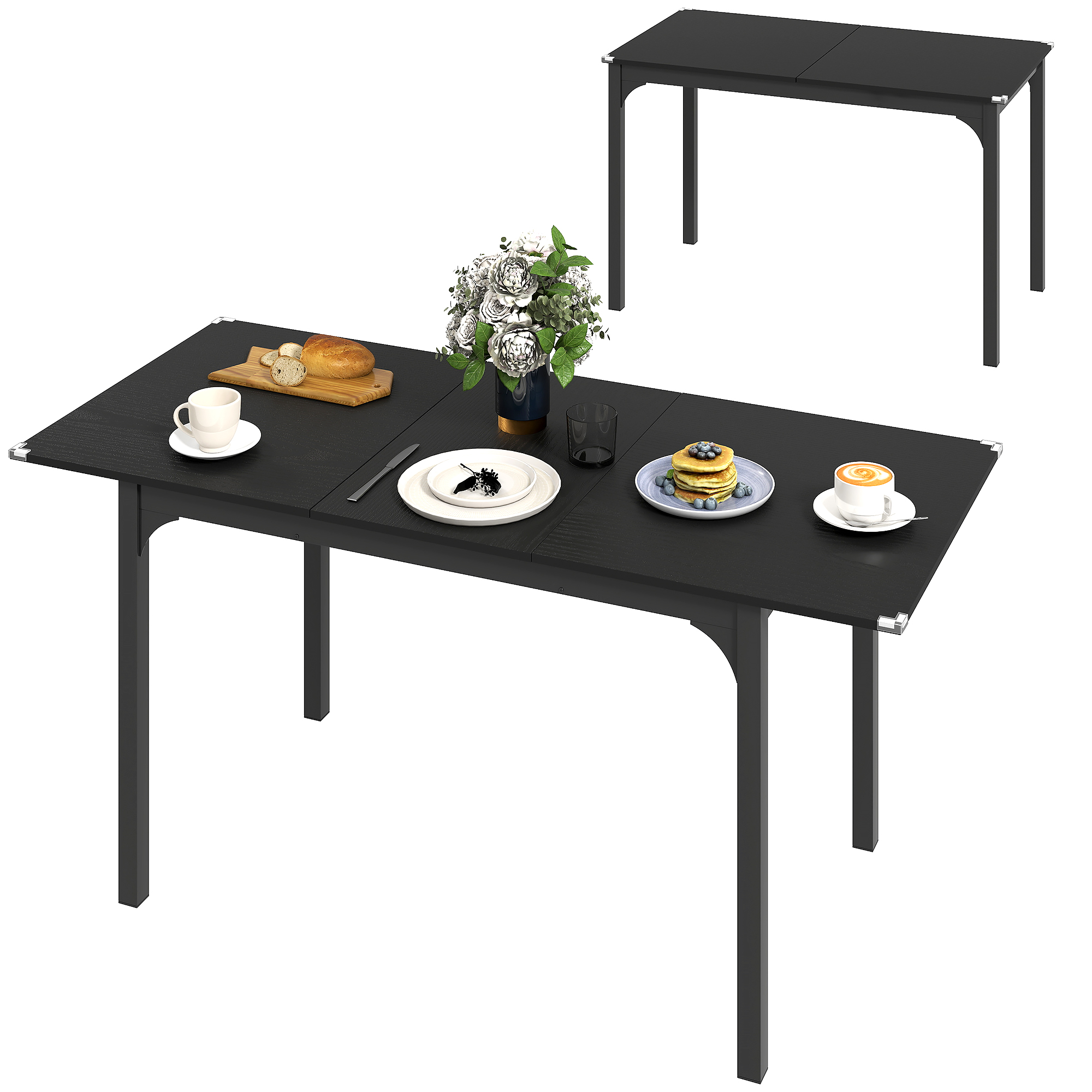 HOMCOM Table à manger pliante et extensible de 4 à 6 personnes, pieds en acier, pour petits espaces, salle à manger, noir
