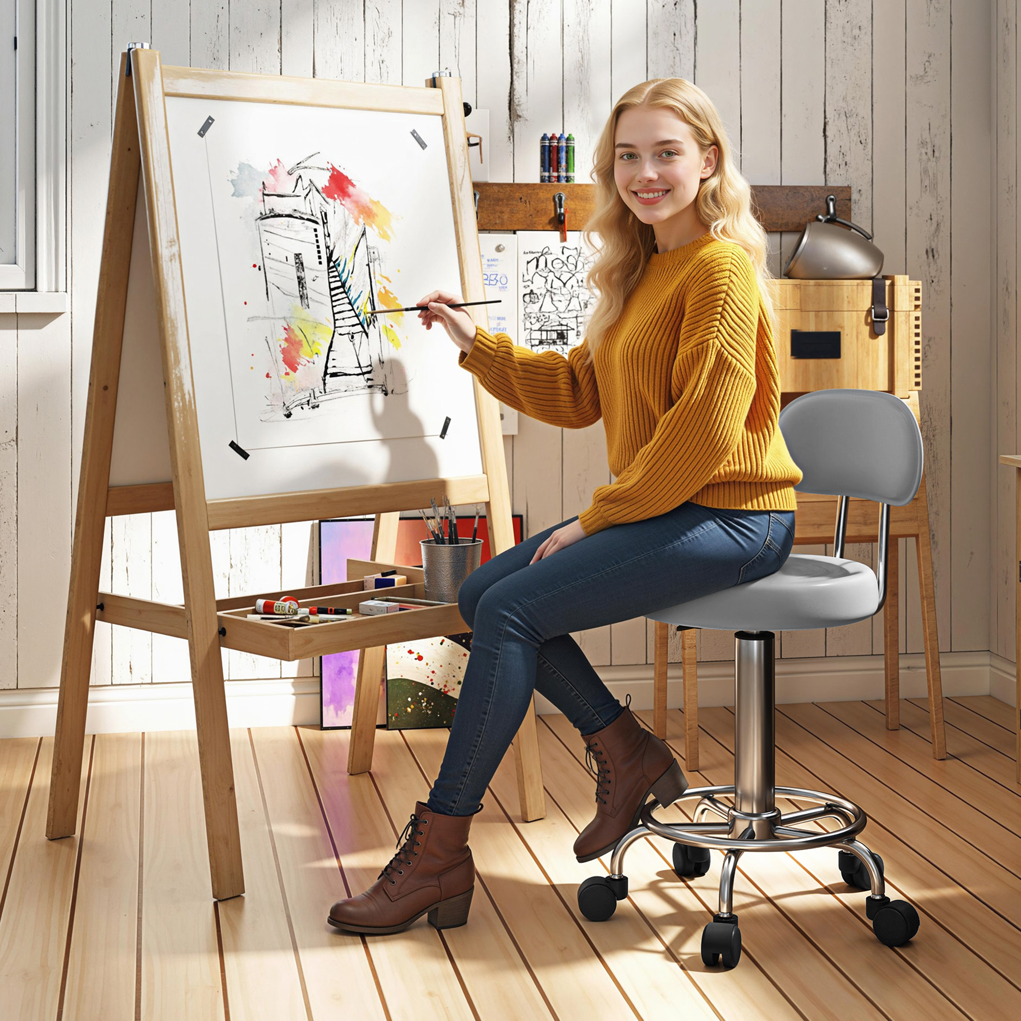 Homcom Rollhocker HöHenverstellbar Drehhocker Drehbar Salon Hocker Mit Lehne, RäDern, Arbeitshocker Mit Verstellbarer FußStüTze FüR BüRo, Kunstleder, 32 X 40 X 70-86 Cm, Grau Aosom-image