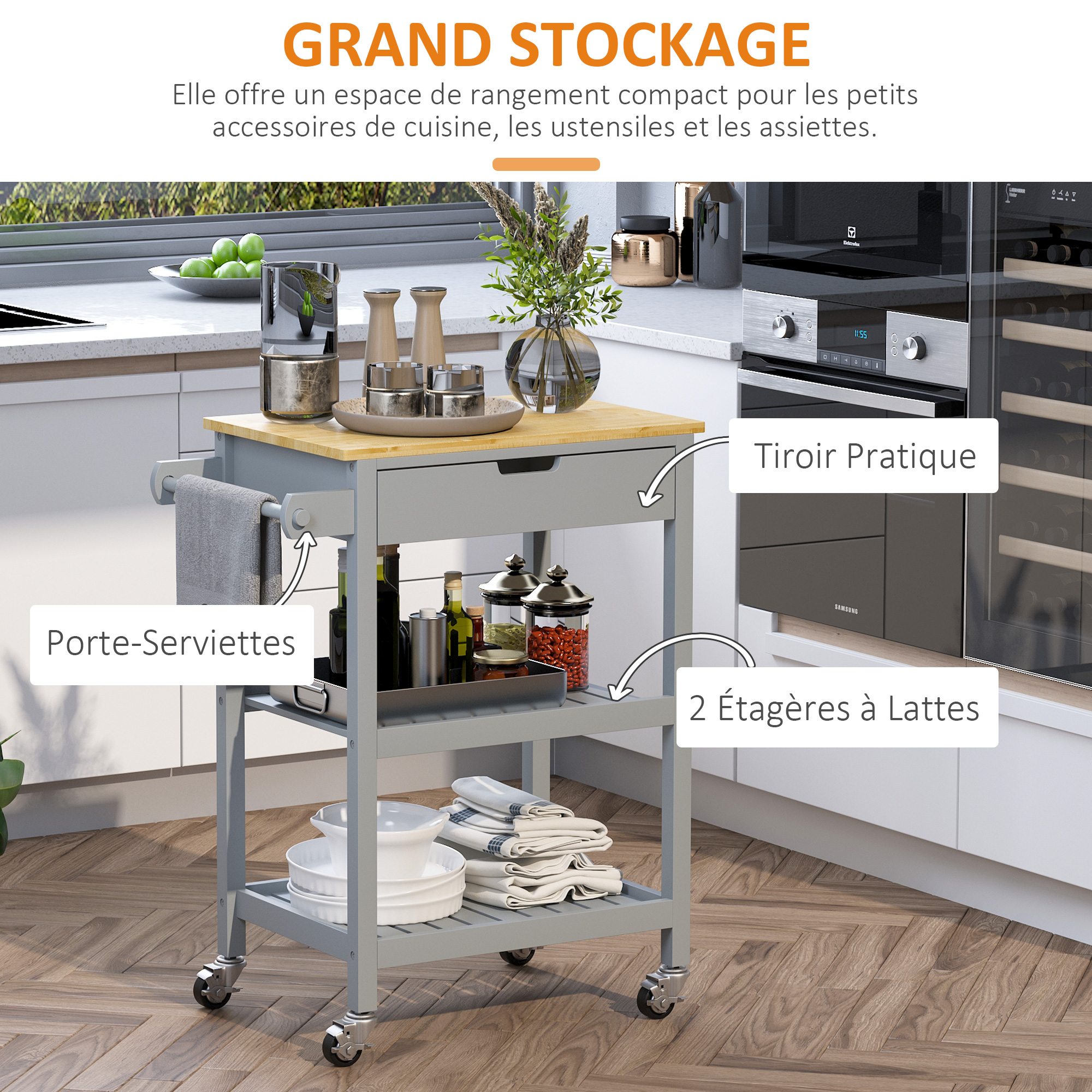 HOMCOM Desserte à Roulettes Cuisine 2 Niveaux - Chariot Service Marron 40x30x62cm Acier Et Bois
