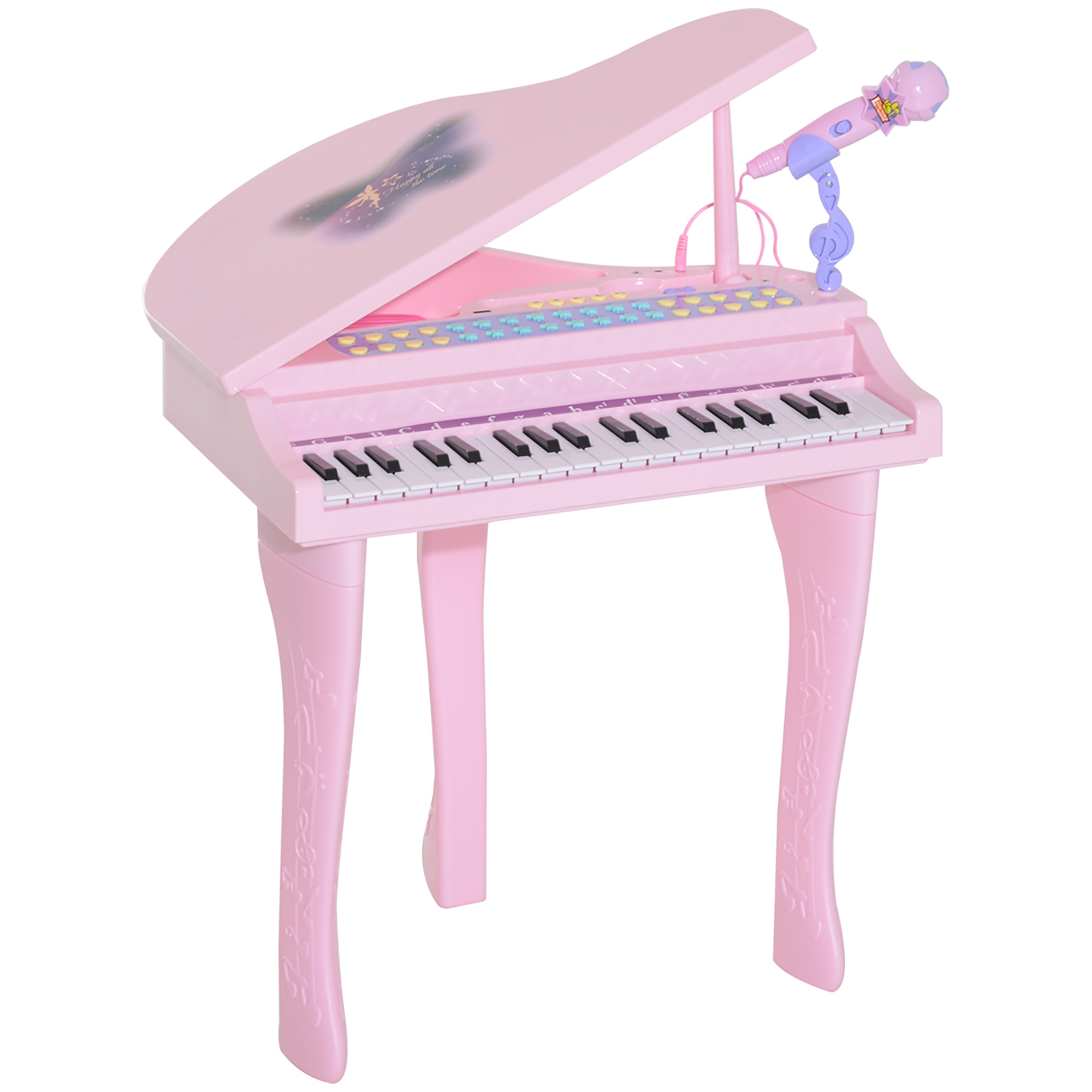 HOMCOM Piano à Queue électronique 37 Touches Multifonctions avec Micro Haut Parleur, lumière LED, fonction d'enregistrement et de relecture, instrument de musique enfant 3 à 6 ans Rose