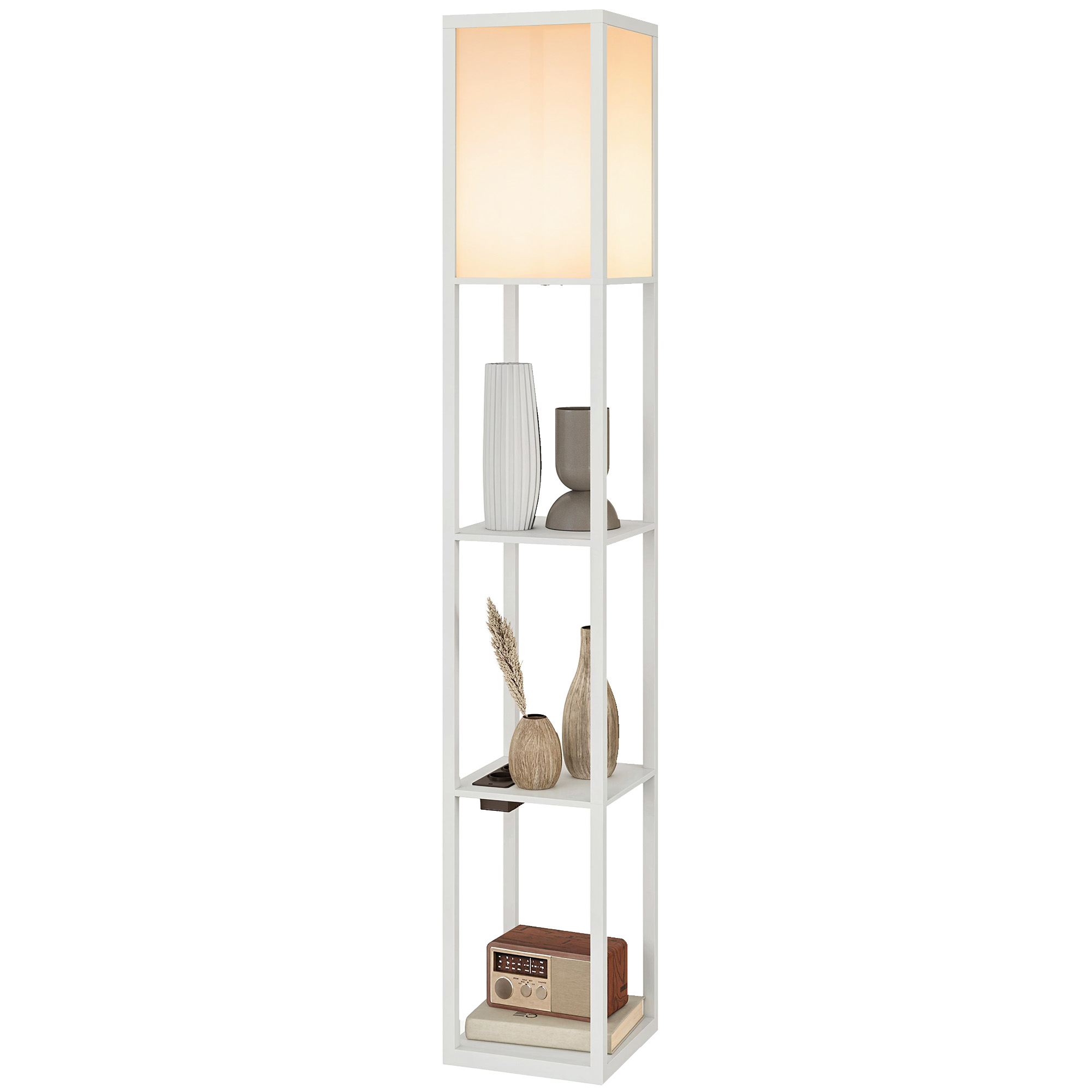 HOMCOM Lampadaire avec tablettes, lumière réglable, interrupteur au pied et ports USB, blanc