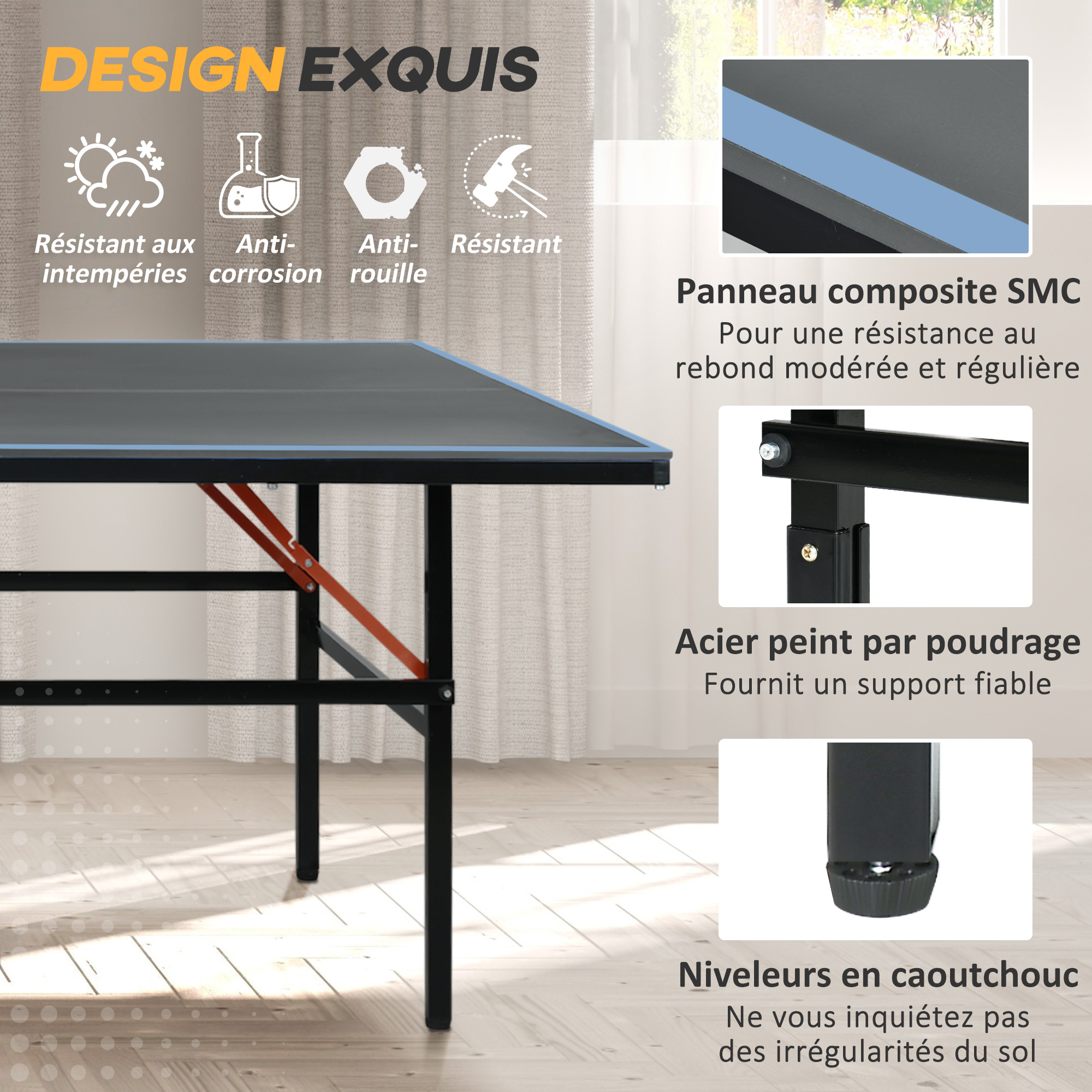 Table De Ping-pong SPORTNOW – Pliable, Taille Standard 274x152x76 Cm, 8 Roulettes, Avec Raquettes Et Balles