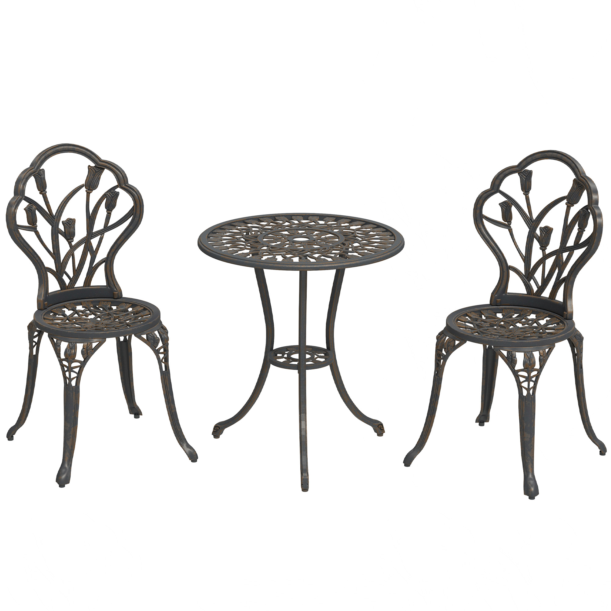 Outsunny 3-teiliger Bistro-Set für den Außenbereich mit 2 Gartenstühlen und rundem Beistelltisch mit Schirmloch, Tisch- und Stuhlset aus Aluminium für Terrasse, Hof, Bronze Aosom