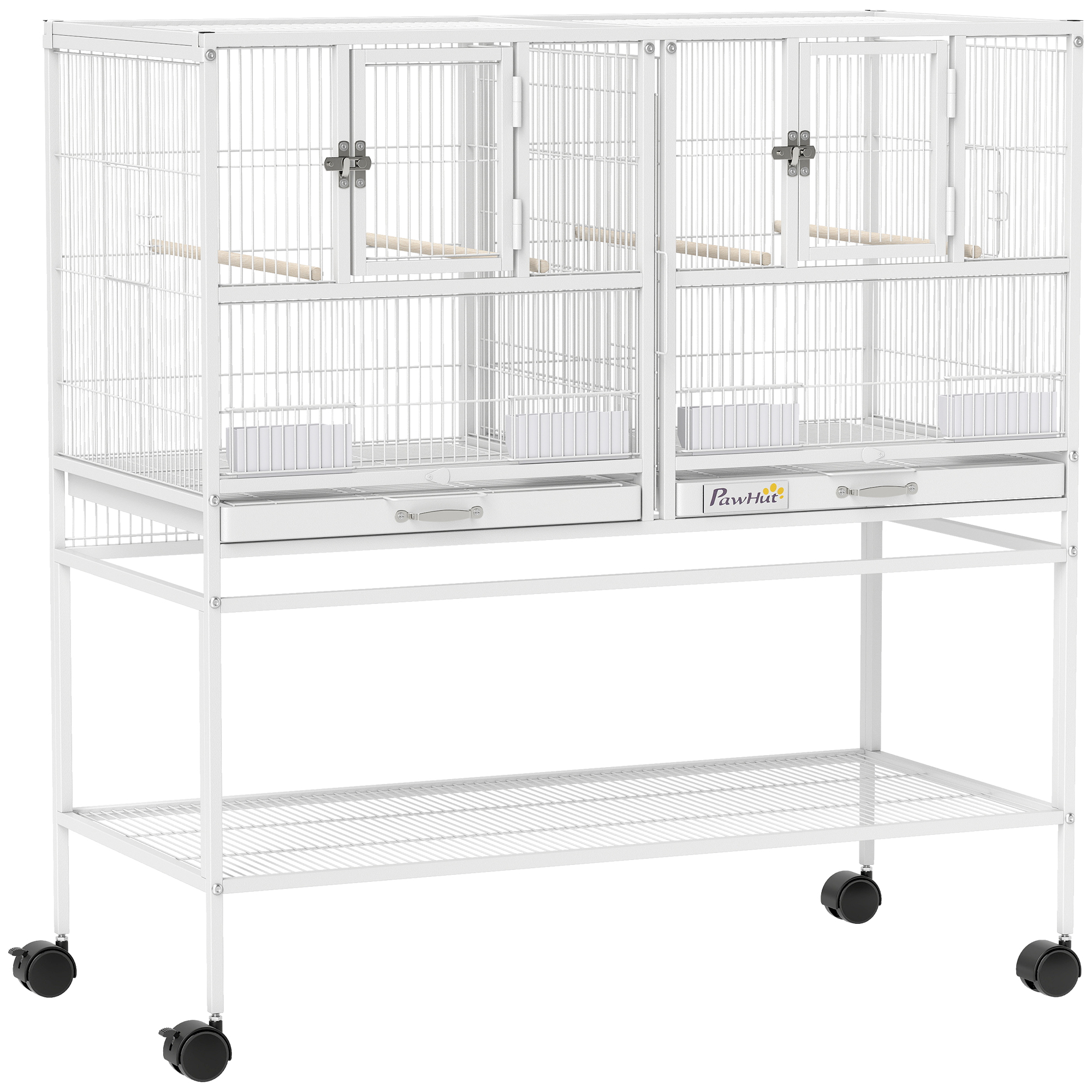 PawHut Großer Vogelkäfig mit Trennwand, Doppelkäfig mit Rollen, 4 Futternäpfe, 4 Sitzstangen, Ablage, 2 herausnehmbare Schalen, für Wellensittiche, Unzertrennliche, Kanarienvögel, 95x45,5x102 cm, Weiß Aosom