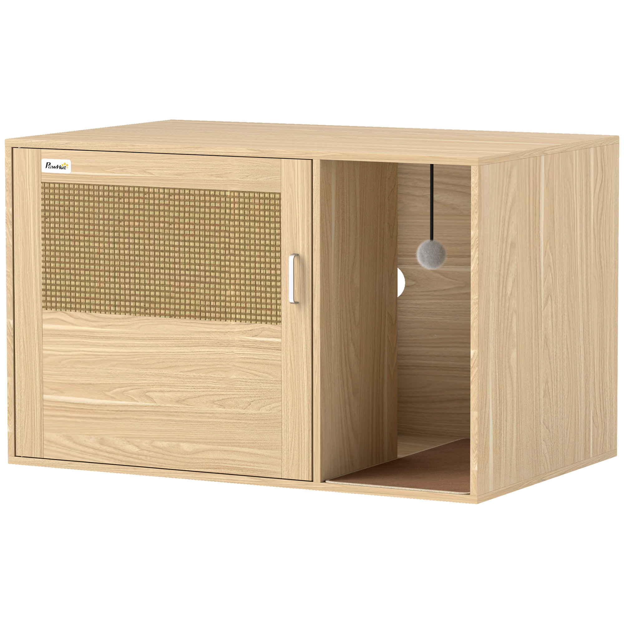 PawHut Mueble Arenero para Gatos Caja de Arena para Gatos con Almohadilla para Rascar y Puerta de Ratán 80x50x50 cm Roble