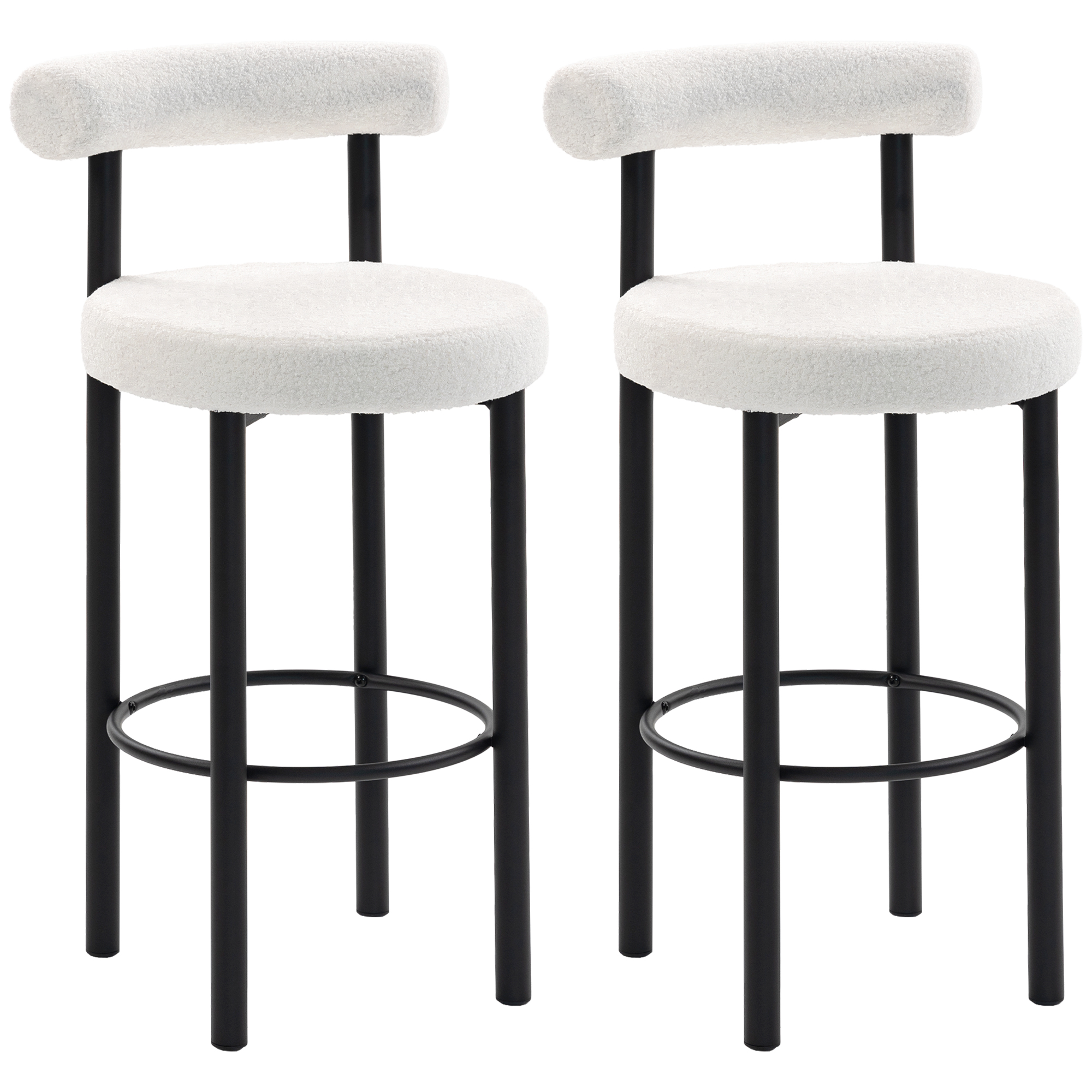 HOMCOM Lote de 2 taburetes de bar, sillas de bar en tejido bouclé con respaldo curvado, reposapiés, 50x52,5x98cm, crema