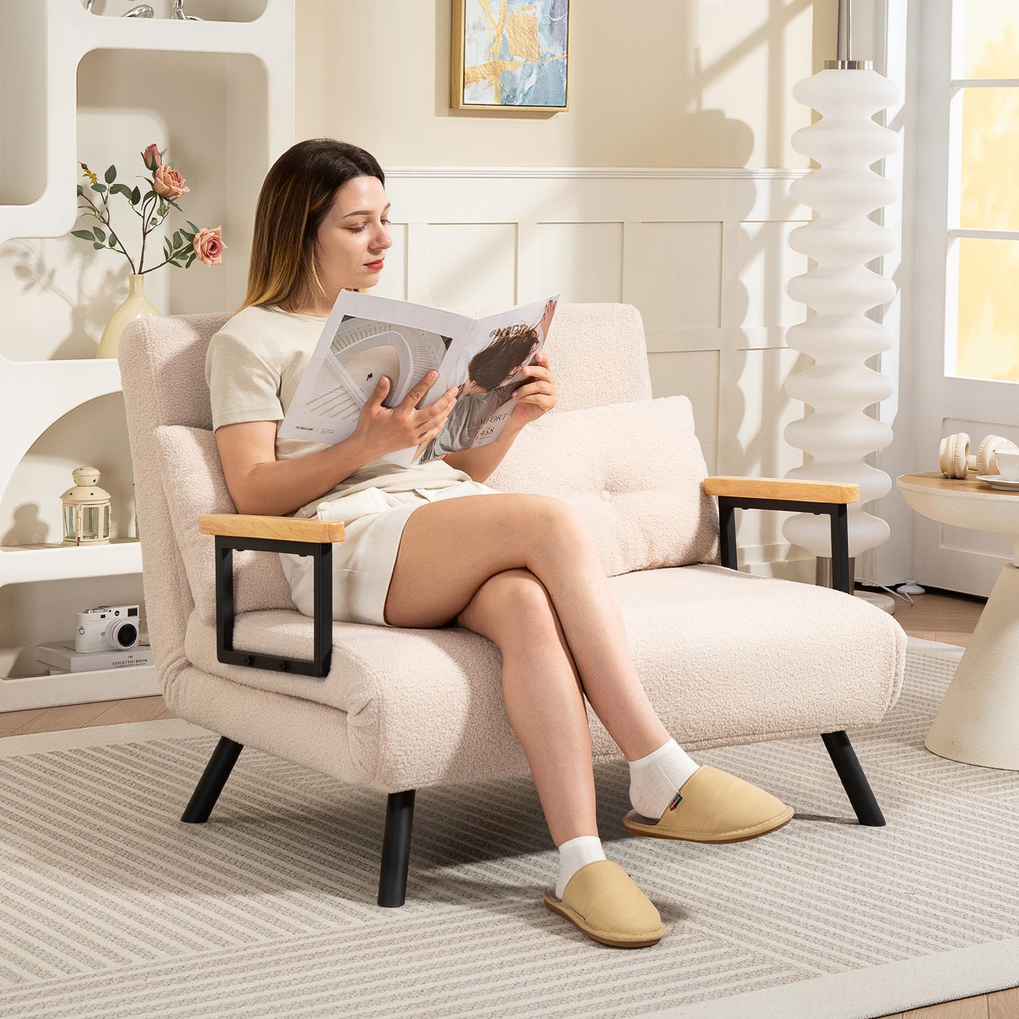 HOMCOM Slaapbank 2-zits bank fluwelen bank, slaapfunctie, incl. 2 kussens, fluweel-look, naturel + Beige + Zwart