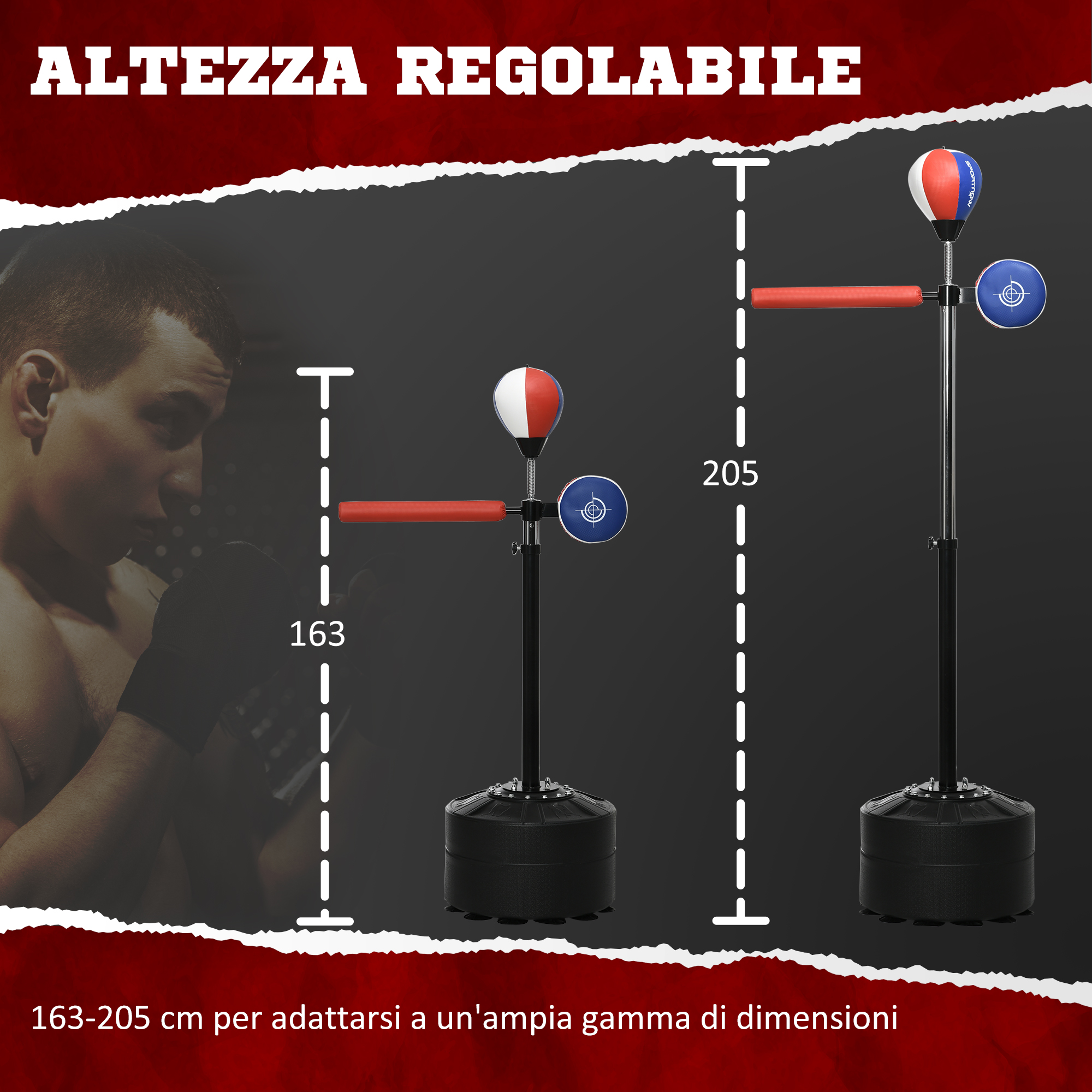 Sacco Da Boxe Autoportante Sportnow Con Pompa E 2 Palline Riflettenti, Altezza Regolabile Da 140 A 205 Cm, Ventose Anti-ribaltamento, Perfetto Per Adulti E Ragazzi