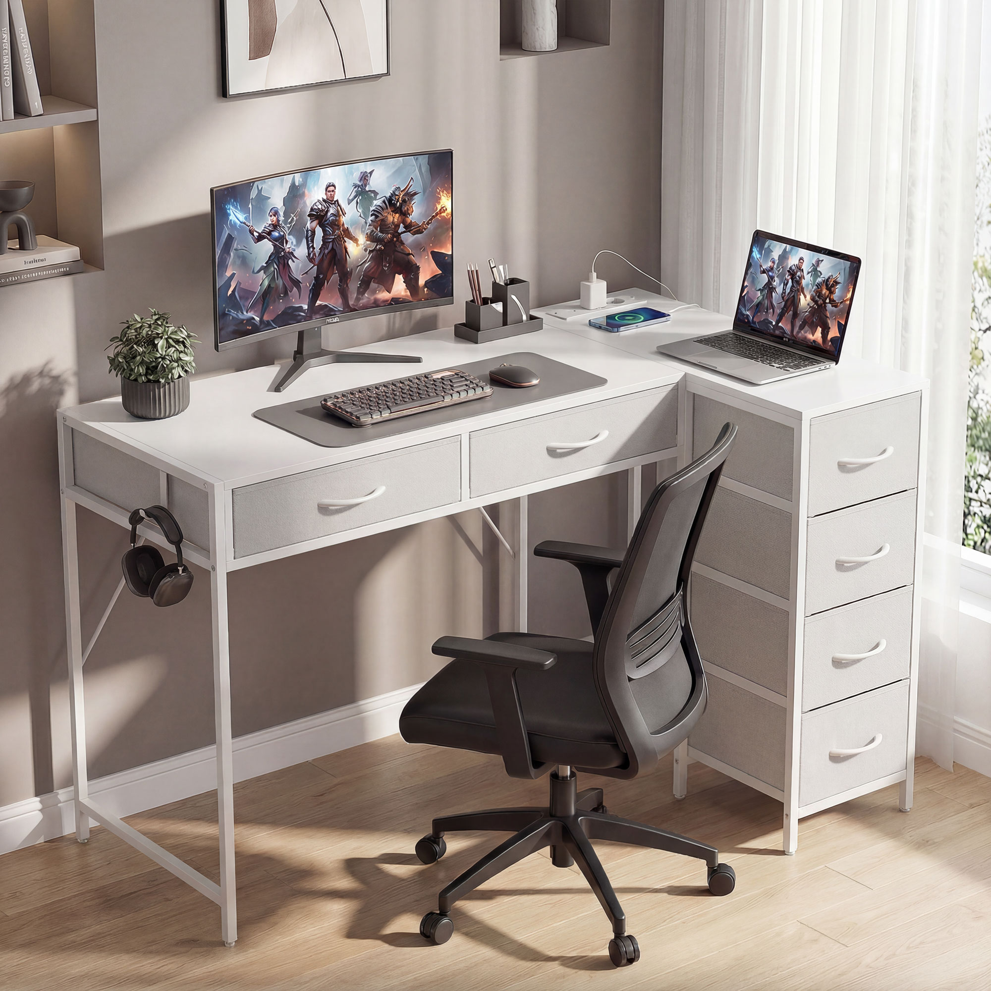 HOMCOM L-Eckschreibtisch, reversibel, mit 6 Stoffschubladen, 126x48 cm, mit günstig online kaufen