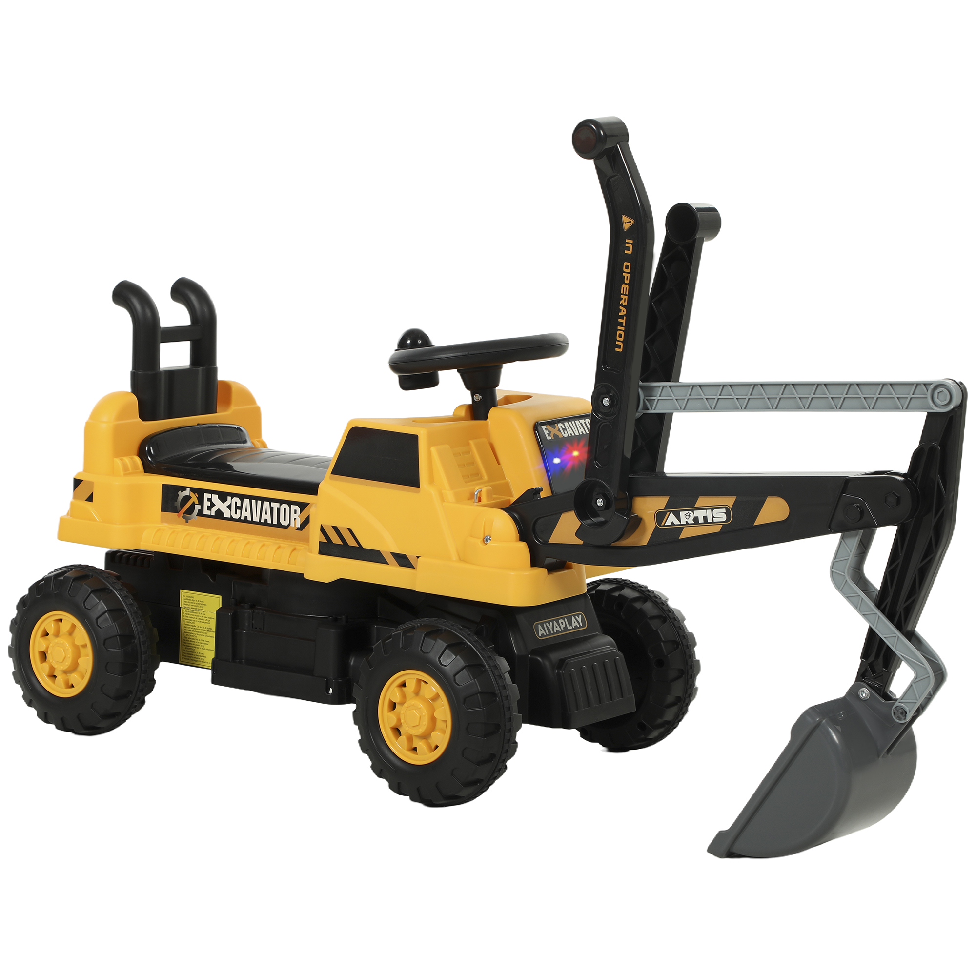 AIYAPLAY Pelleteuse porteur avec pelle et volant, carrosserie rotative, dossier réglable pour enfants 1,5-3 ans Jaune