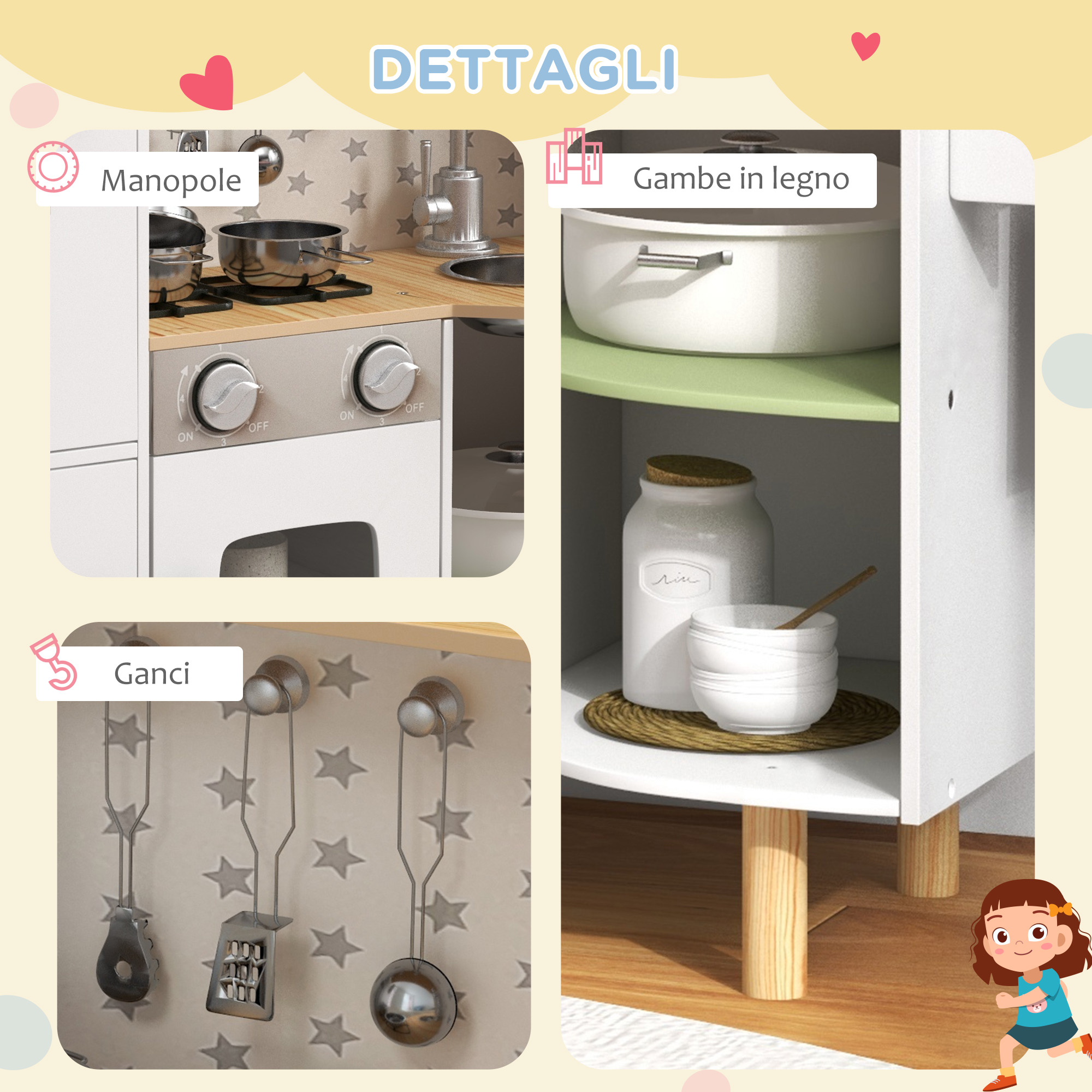 AIYAPLAY Cucina Giocattolo per Bambini 3-5 Anni, Mini Cucina in Legno per Bambini con Fornello e 12 Accessori, Multicolore