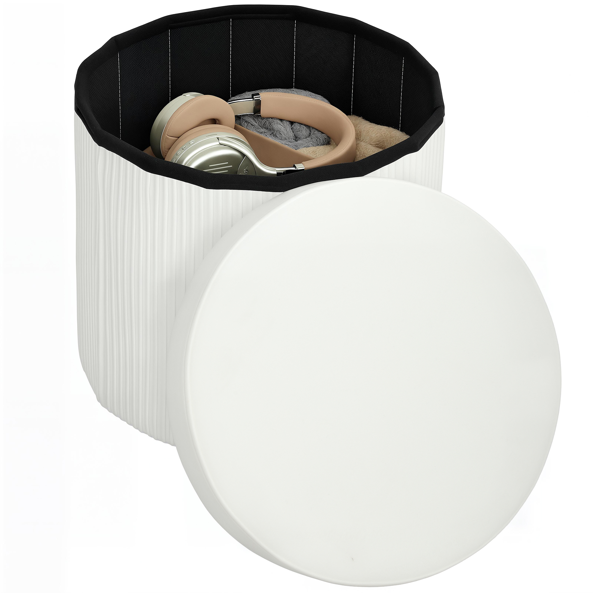 HOMCOM Pouf de rangement Banc de rangement pliable 35 L 38x38x38 cm Revêtement en velours Coffre de rangement rond Crème