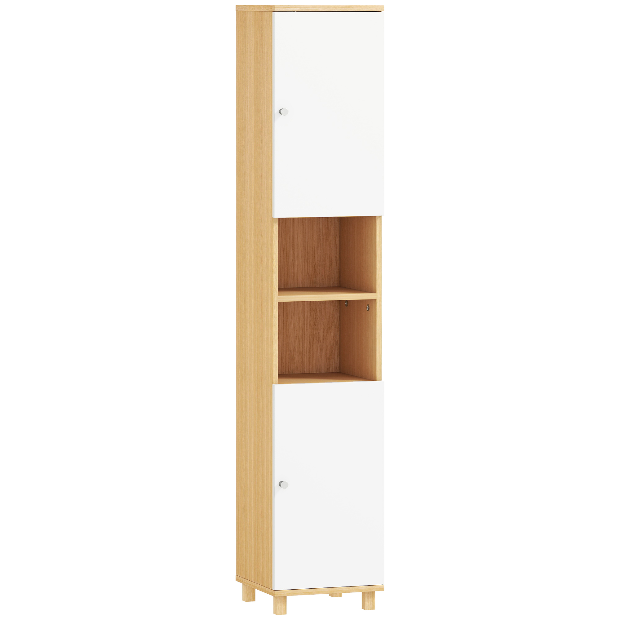 Colonna Bagno HOMCOM Con 2 Armadietti E Ripiano Aperto – Ripiani Regolabili Su 3 Livelli, 30x24x140 Cm, Bianco E Legno, Profilo Sottile, Cerniere Soft-close