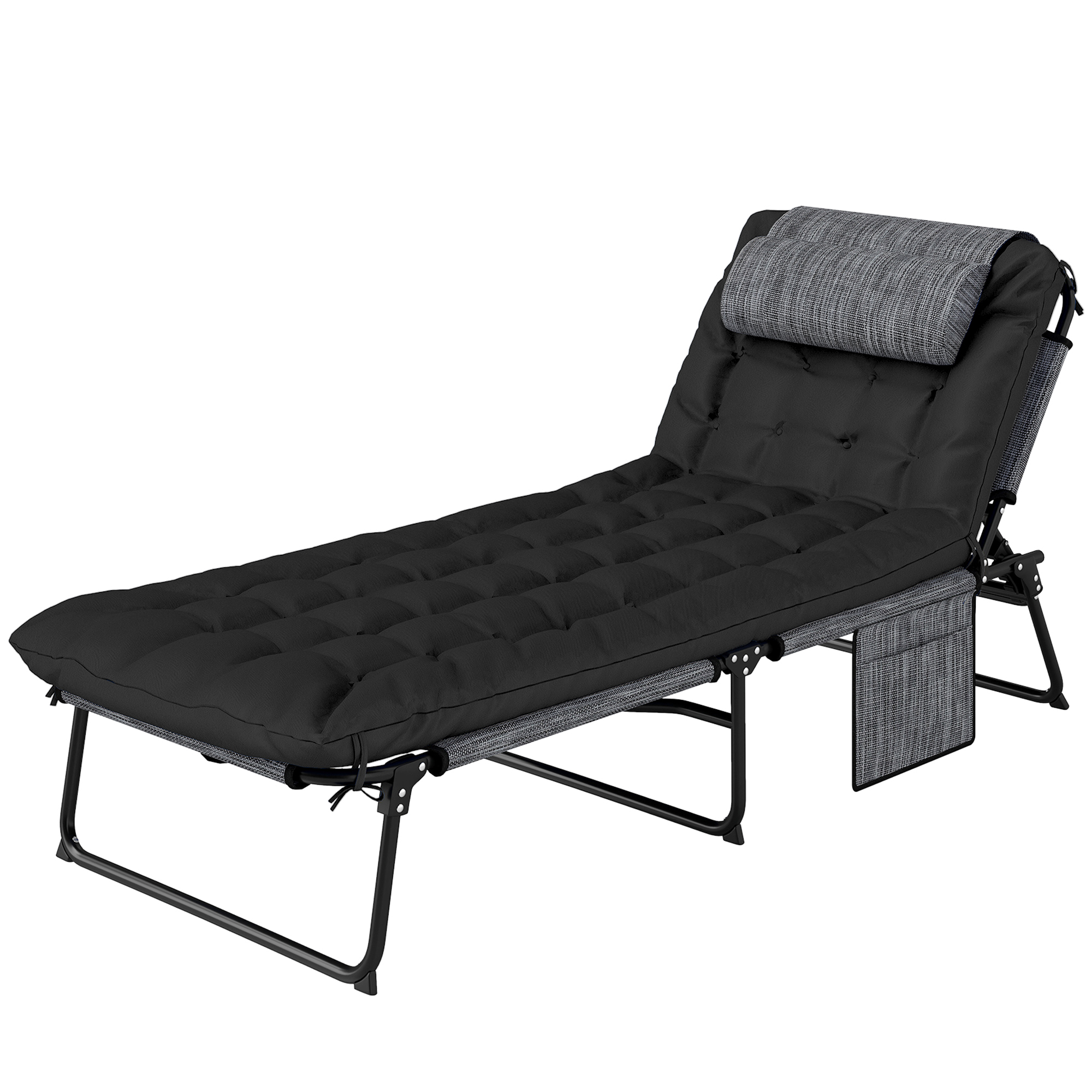 Outsunny Tumbona plegable de jardín con almohada, respaldo ajustable en 4 posiciones, bolsillo lateral Negro