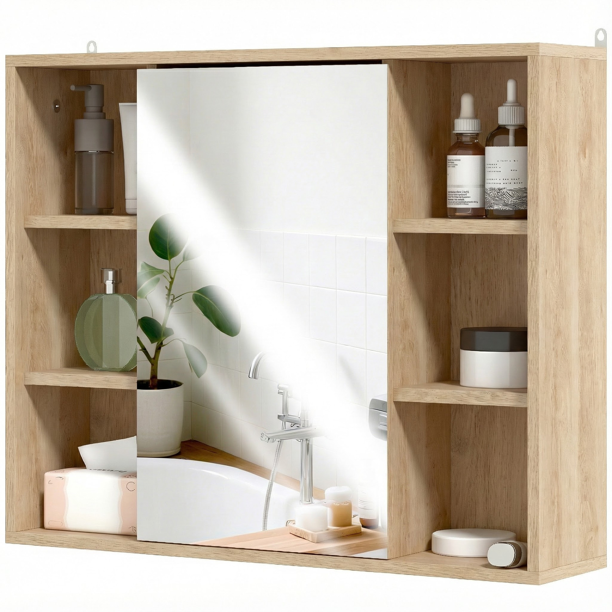 HOMCOM Meuble salle de bain avec miroir, placard à portes et 6 compartiments ouverts, 60 x 14,5 x 49,4 cm, bois naturel