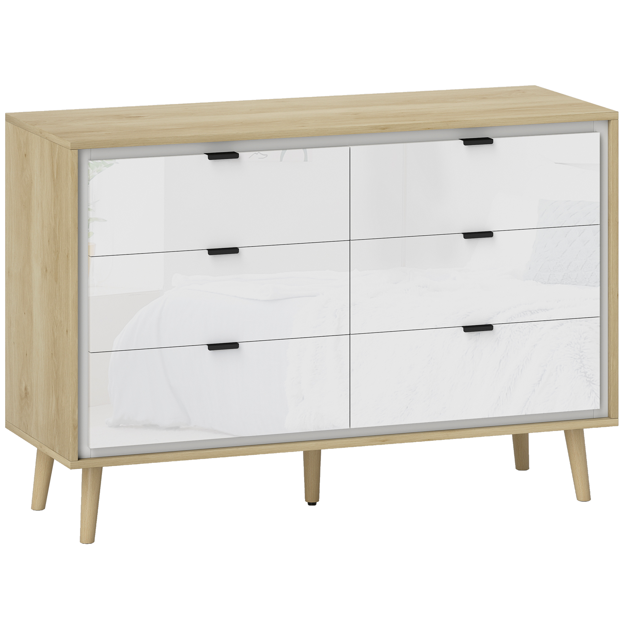 HOMCOM Cassettiera con 6 Cassetti in Legno per Camera da Letto, 110x40x75 cm, Bianco Lucido e Rovere   Aosom Italy