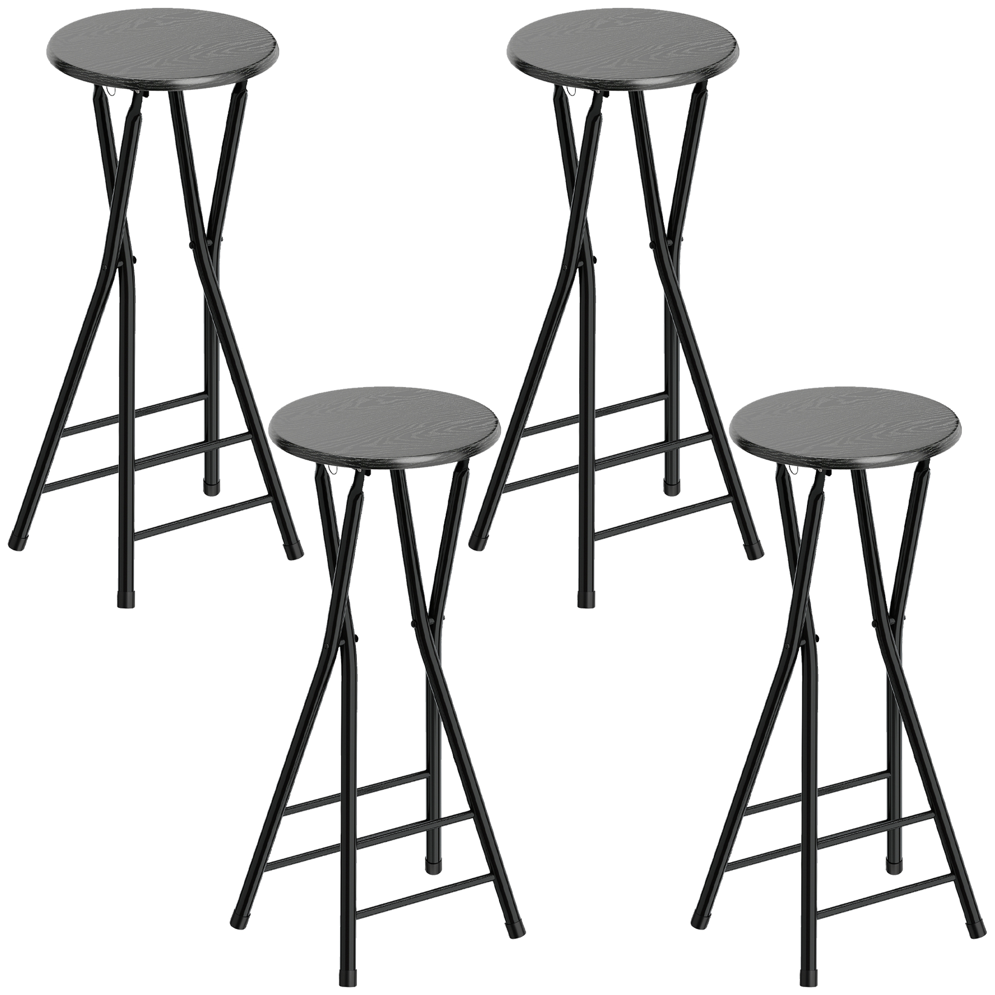 HOMCOM Set 4 Klappbare Barhocker, Hohe runde Küchenhocker mit 2 Fußstützen, Gestell aus Holz und Stahl, Hohe Barstühle, für Theke, Schwarz Aosom