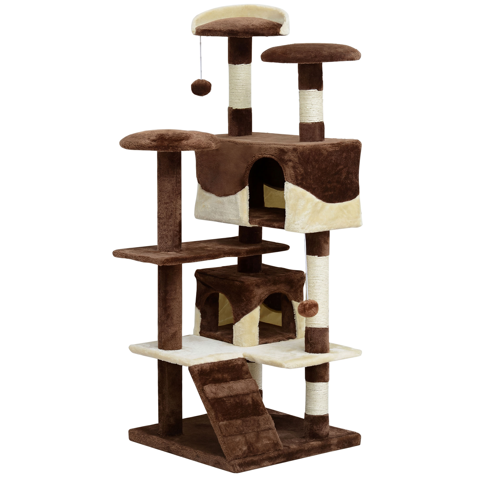 Pawhut Tiragraffi per Gatti in Peluche con Colonna in Sisal ,Cucce e Pallina Albero tiragraffo a 5 liveollo  Caffè e Crema, 50x50x132cm