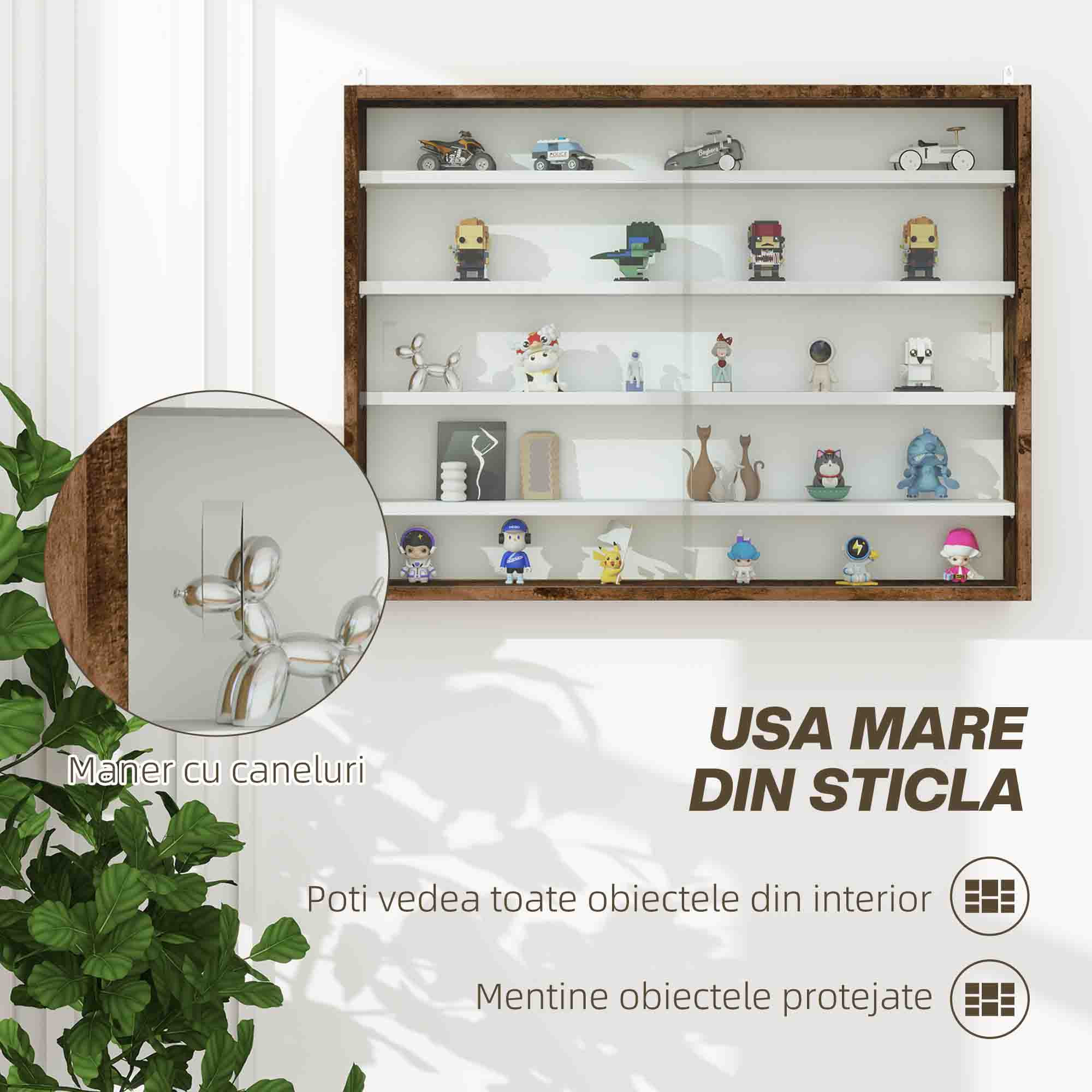  Dulap Vitrina de Perete cu 2 Usi din Sticla si 4 Rafturi Reglabile, Maro [4]