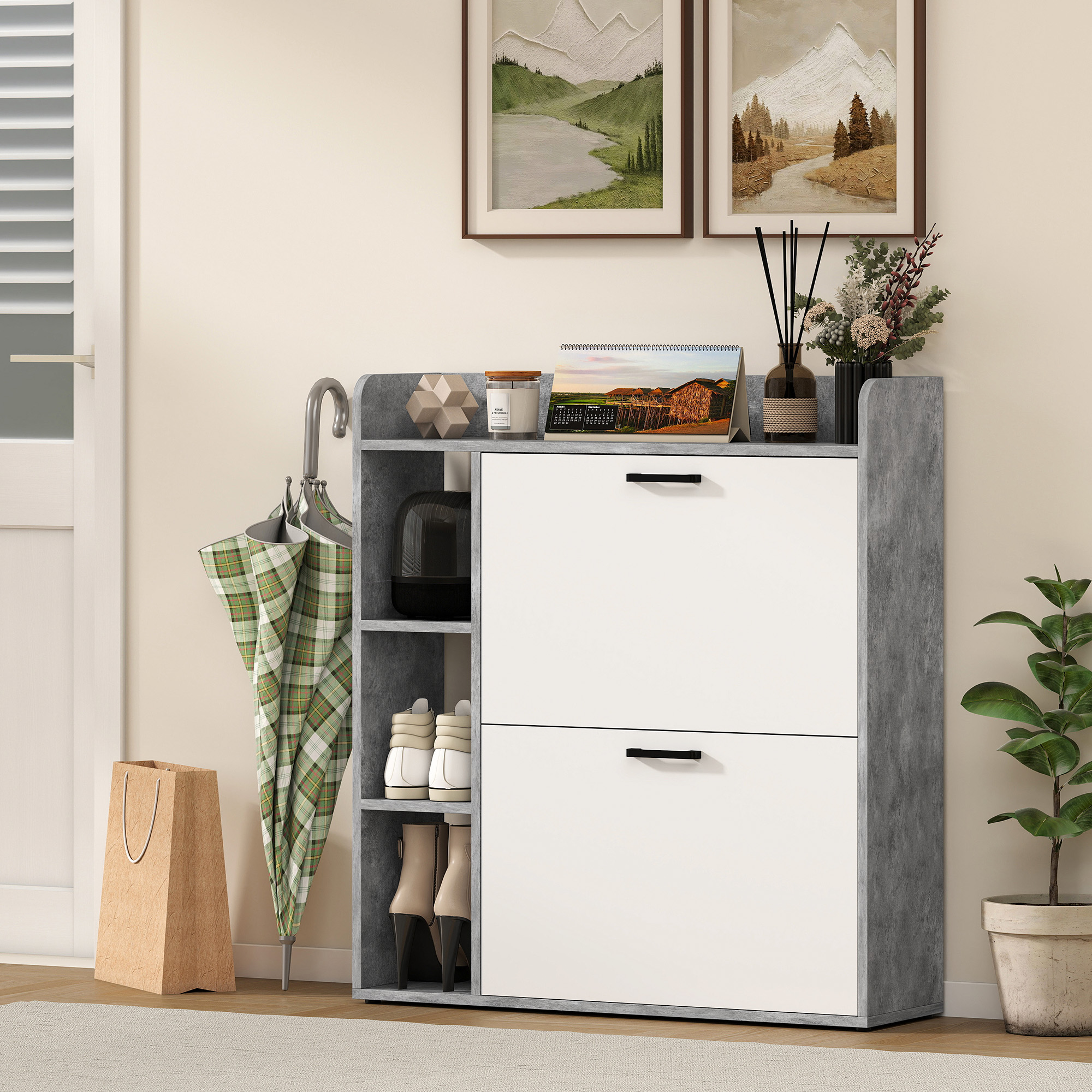  Dulap pentru pantofi slim cu 2 sertare rabatabile, Capacitate 15 perechi de pantofi, 83x24x90.5 cm, Gri [7]