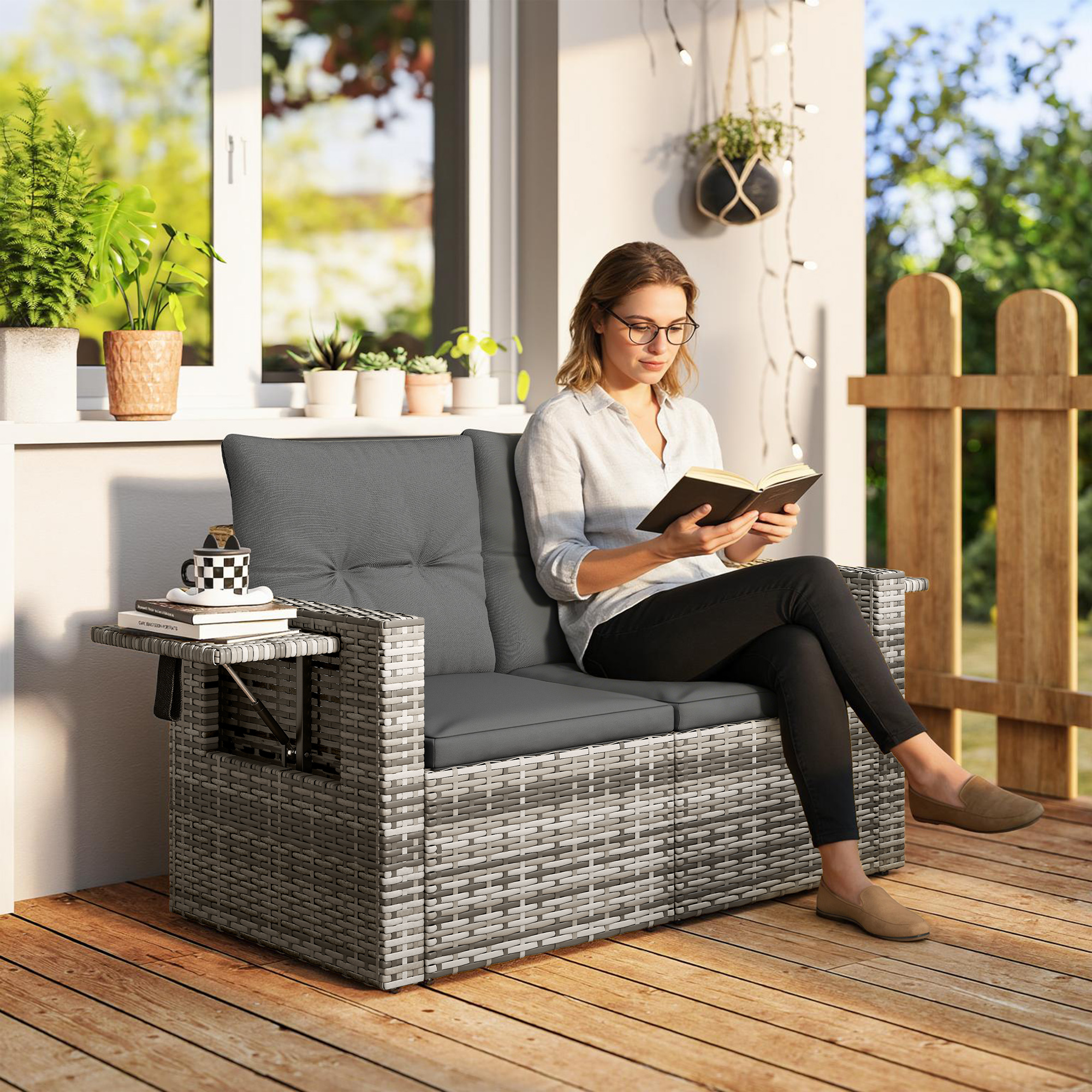Gartensofa 2-Sitzer Rattansofa mit Kissen Klappbar Seitentabletts Loungesof günstig online kaufen