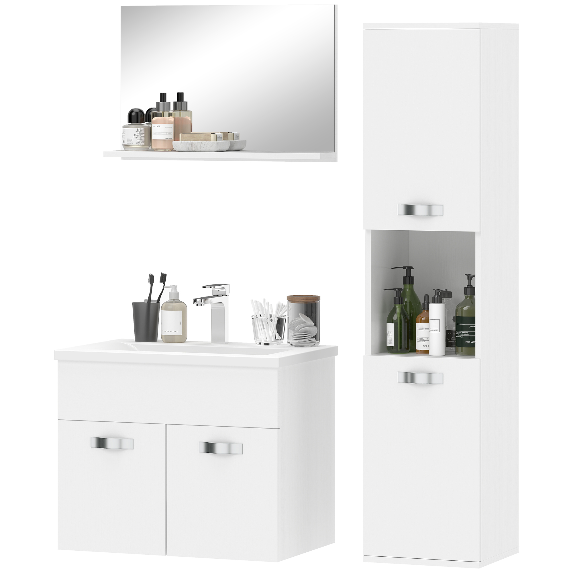 kleankin Ensemble de Meubles de Salle de Bain 4 Pièces, Mural, avec Miroir, Meuble sous Vasque, Lavabo et Armoire Haute, Blanc