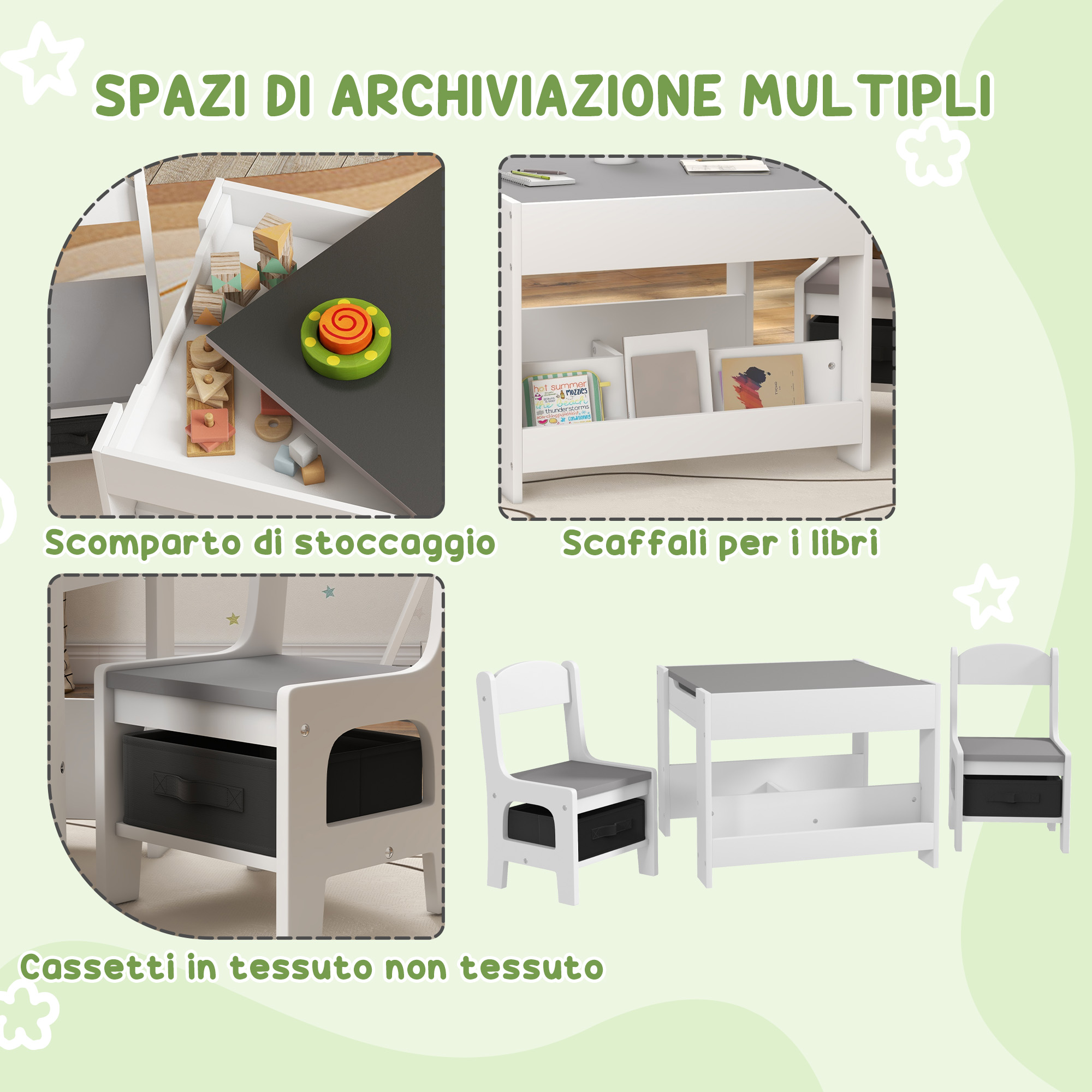 HOMCOM Set Di 3 Pezzi Tavolo E 2 Sedie Per Bambini Con