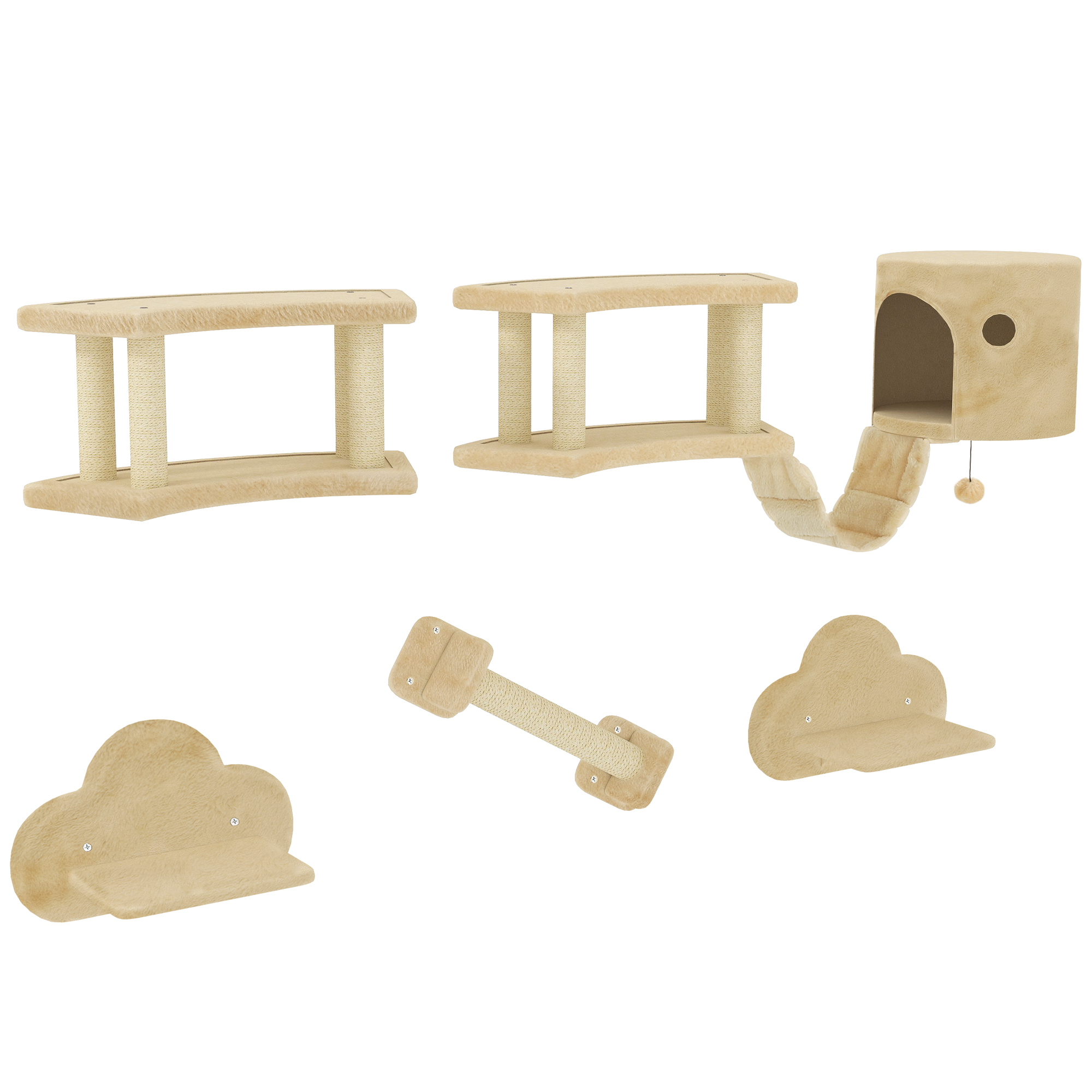 PawHut Set de cățărat pentru pisici, 5 piese, cu stâlp pentru zgâriat, platforme de săritură, scară, căsuță, montare pe perete, bej | Aosom Romania