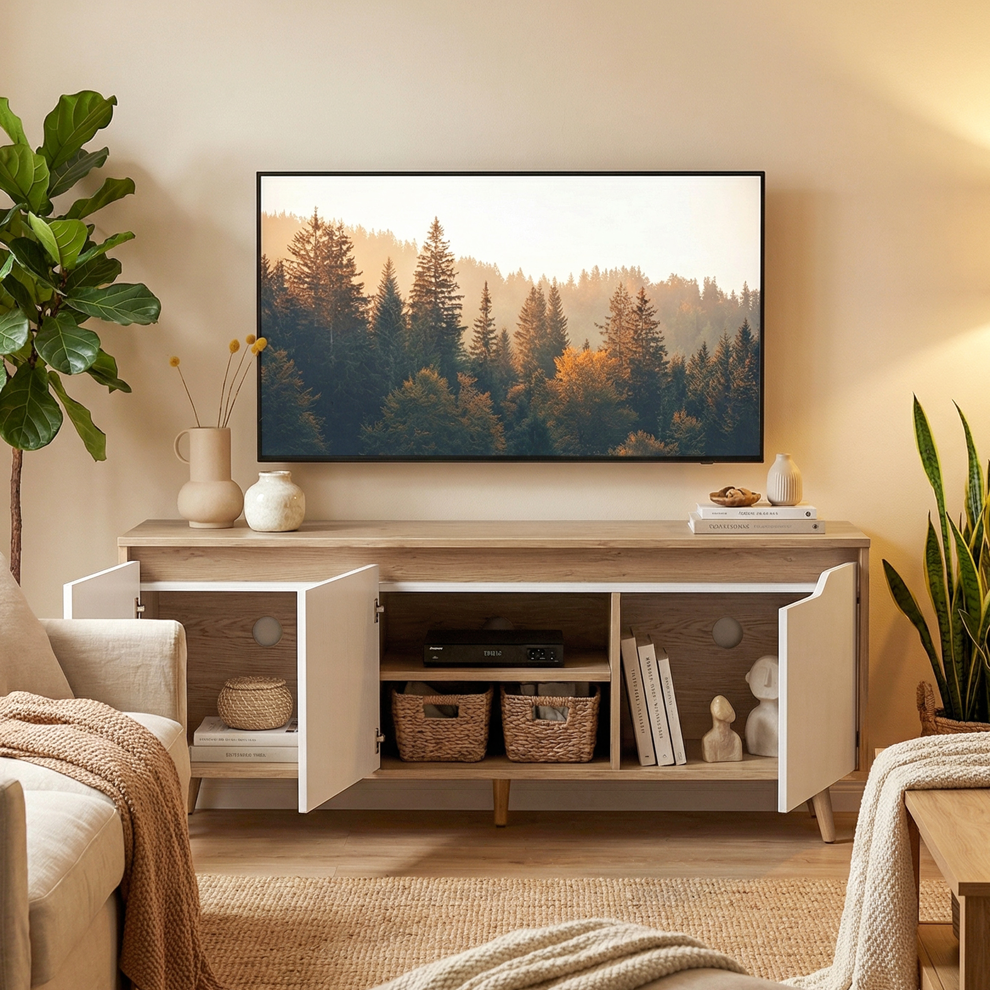  Suport TV, Mobilier TV pentru Televizoare de pana la 55", cu 3 Compartimente si Raft Reglabil, Mobilier pentru Living cu 5 Picioare din Lemn, Stejar si Alb [7]