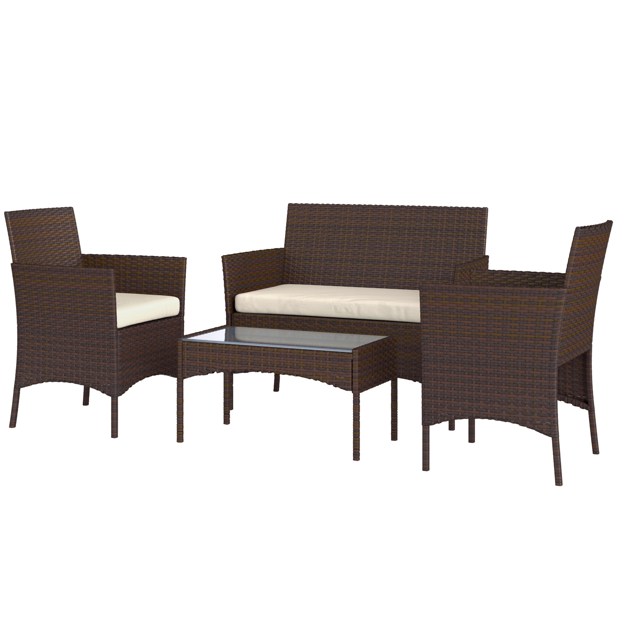 Outsunny Salon de jardin extérieur 4 personnes en résine tressée avec canapés et table basse en verre trempé coussins inclus beige