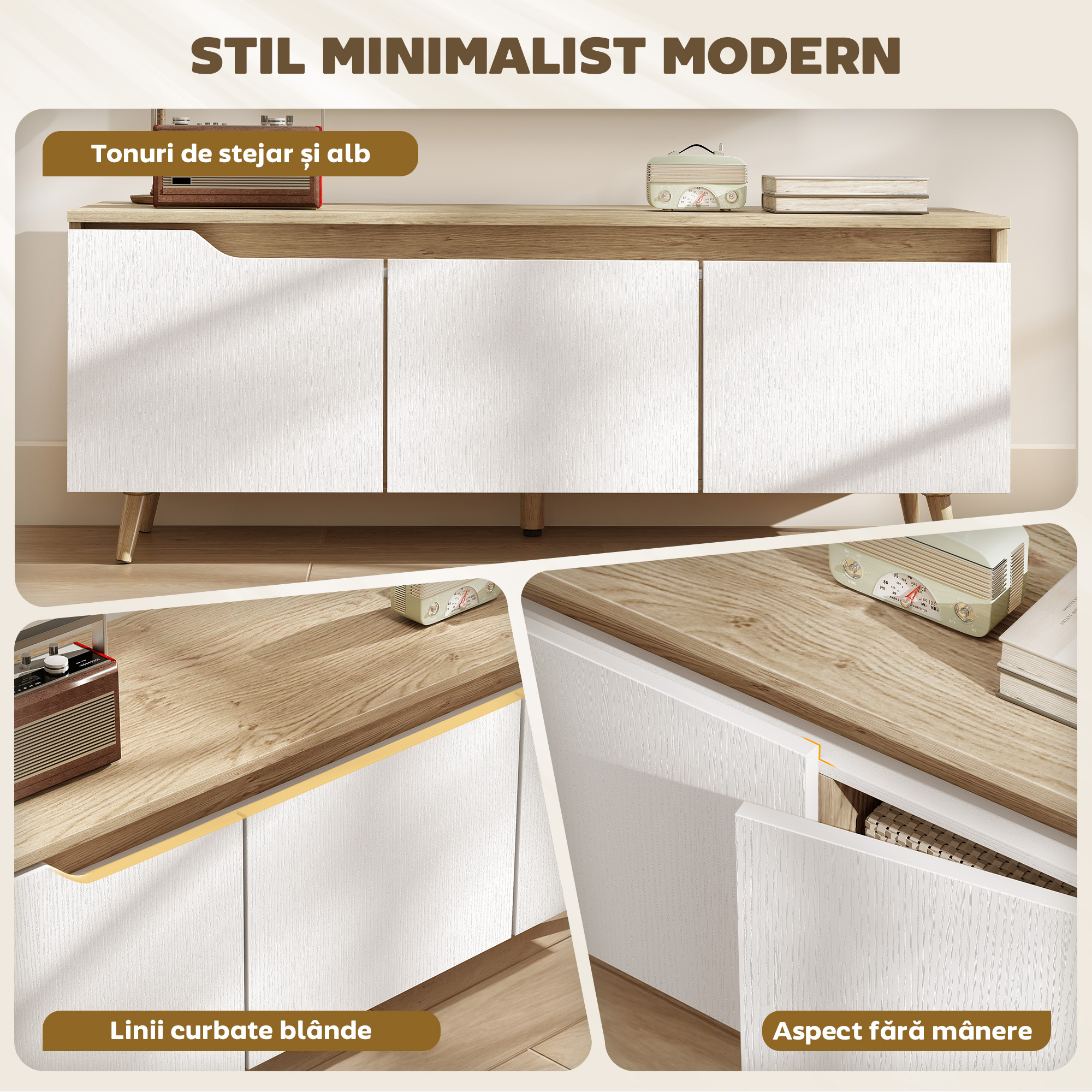  Suport TV, Mobilier TV pentru Televizoare de pana la 55", cu 3 Compartimente si Raft Reglabil, Mobilier pentru Living cu 5 Picioare din Lemn, Stejar si Alb [3]