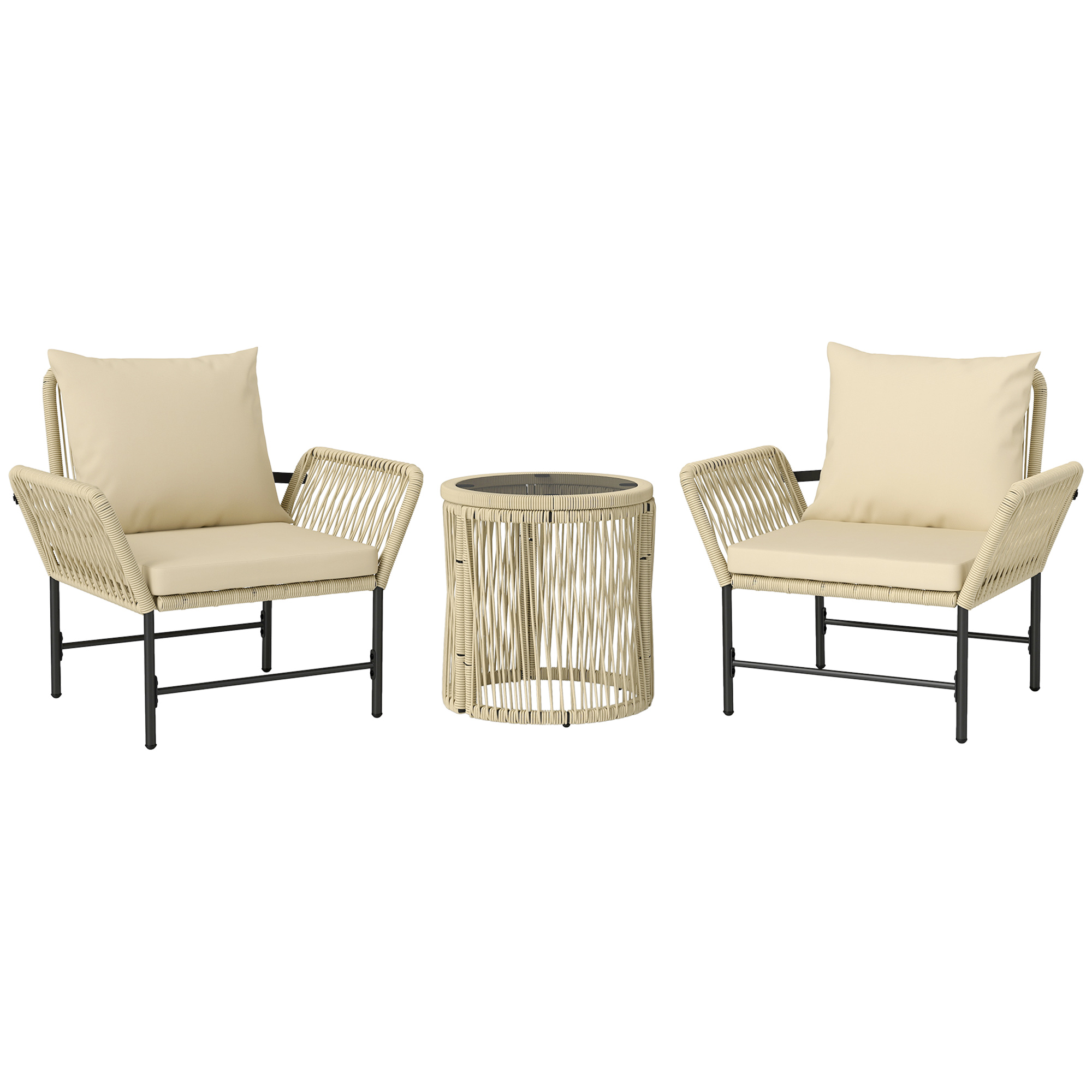 Outsunny Set mobilier de grădină din Polyrattan, mobilier outdoor pentru balcon pentru 2 persoane, 3 piese cu 2 scaune, măsuță laterală, perne | Aosom Romania