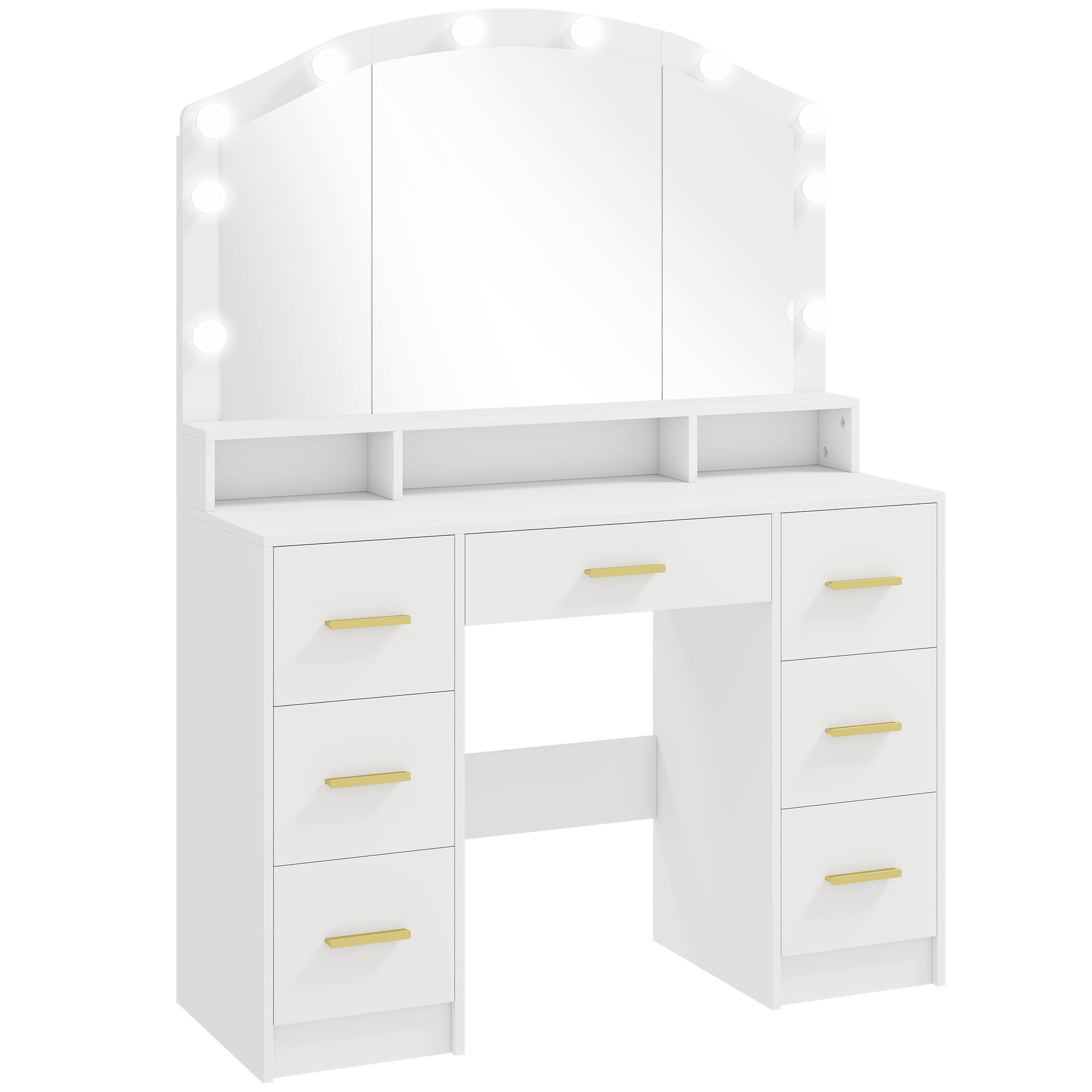 HOMCOM Masă de machiaj cu 10 becuri LED Hollywood, oglindă, 7 sertare, 3 compartimente, MDF, Alb | Aosom Romania