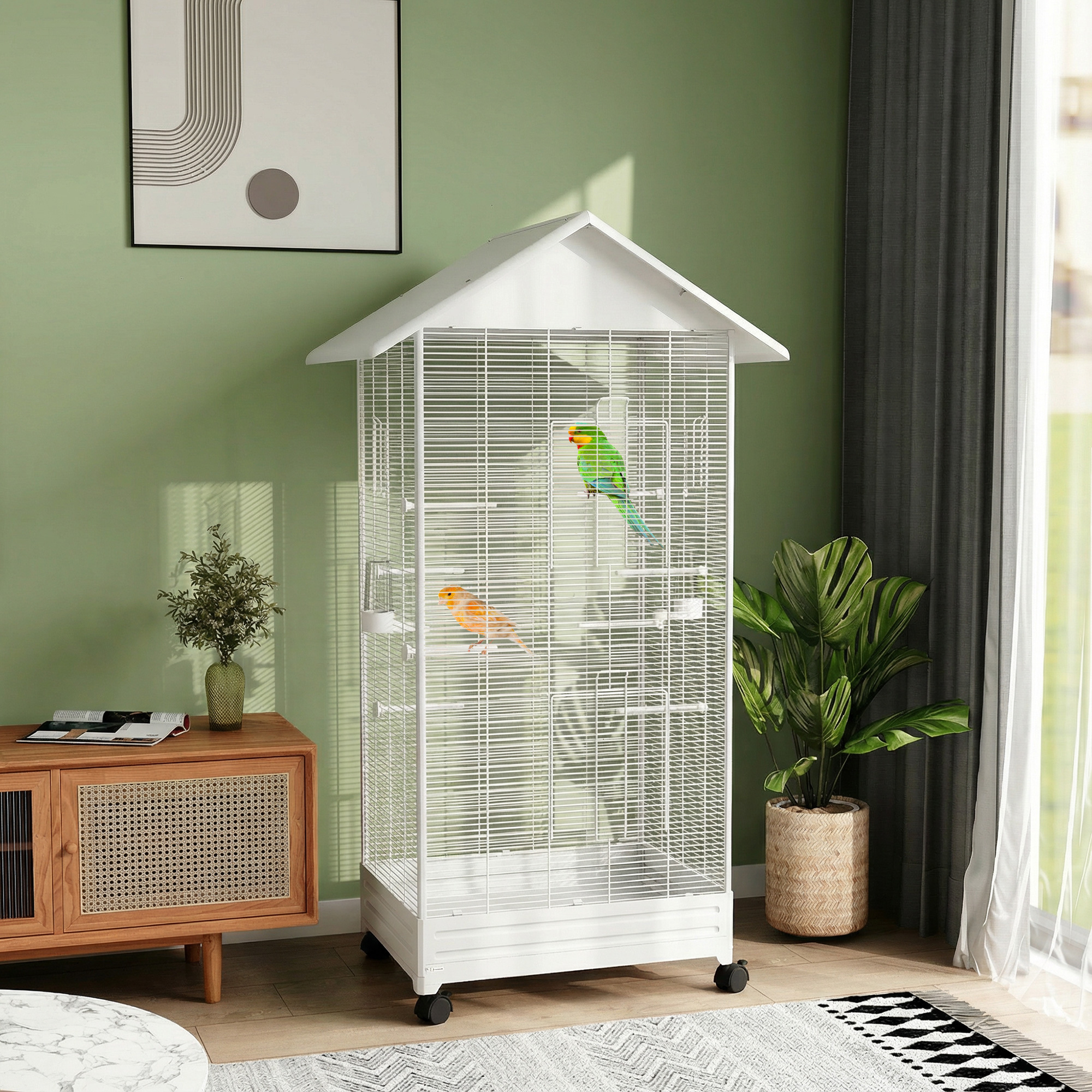 PawHut Vogelkäfig auf Rollen, 79x65x155 cm, großer Käfig mit 2 Futternäpfen günstig online kaufen