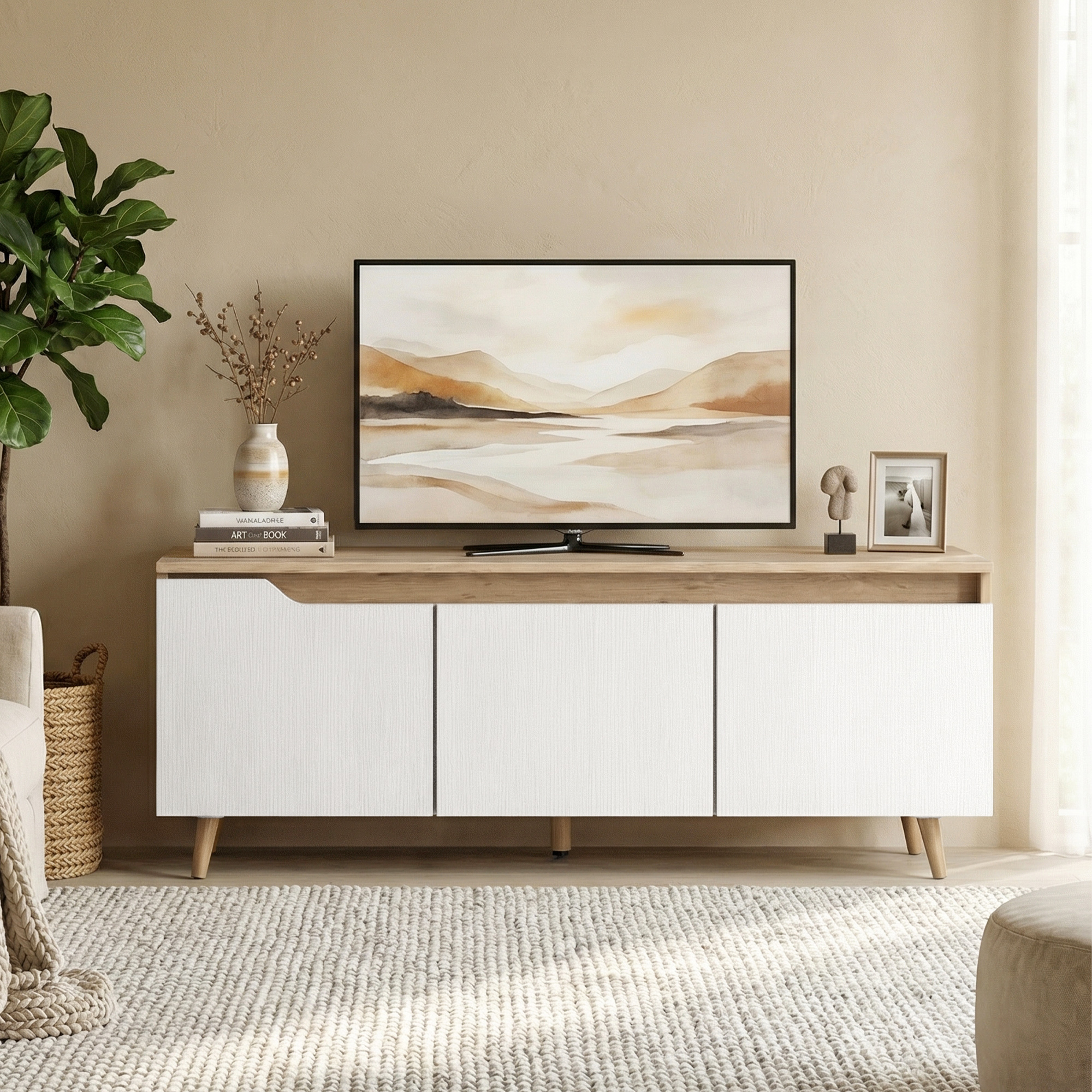  Suport TV, Mobilier TV pentru Televizoare de pana la 55", cu 3 Compartimente si Raft Reglabil, Mobilier pentru Living cu 5 Picioare din Lemn, Stejar si Alb [1]